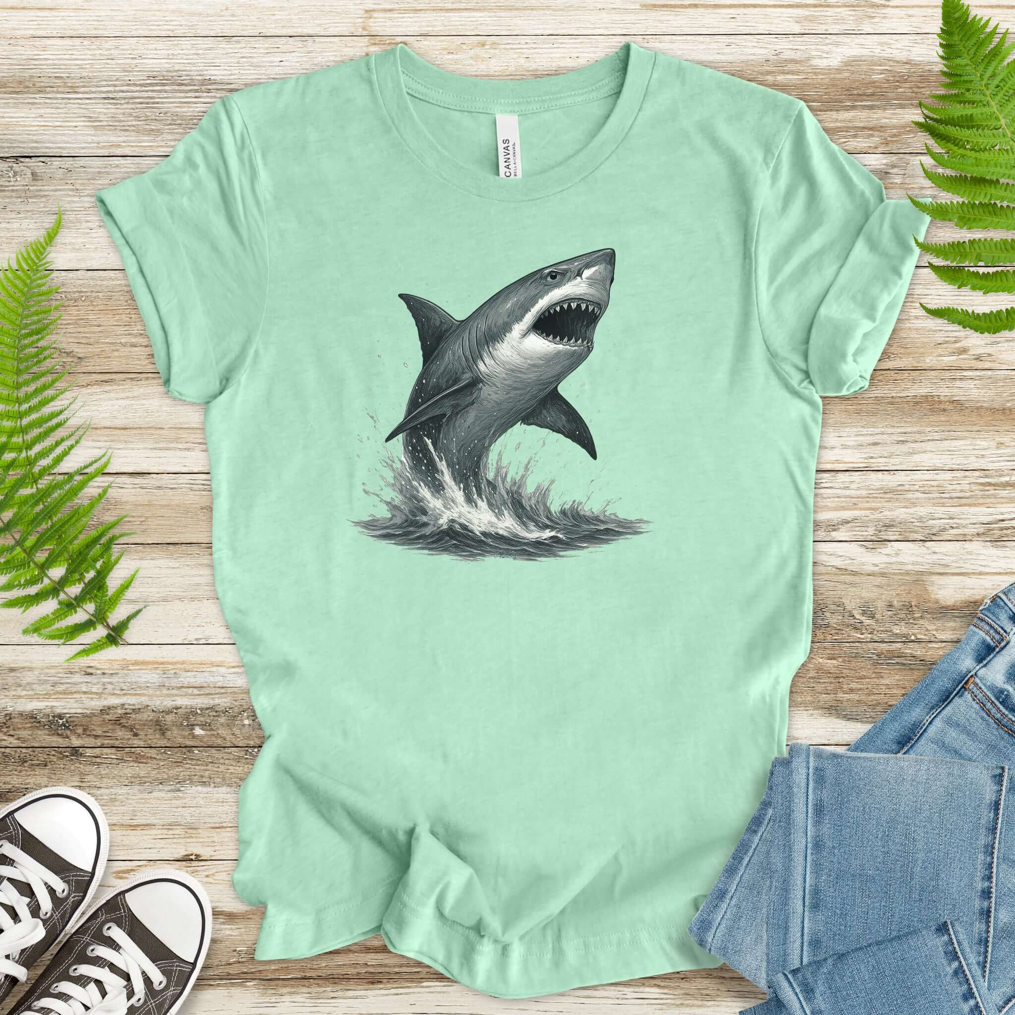 Great White Shark T-Shirt featuring a bold shark illustration, perfect for shark lovers and ocean enthusiasts.