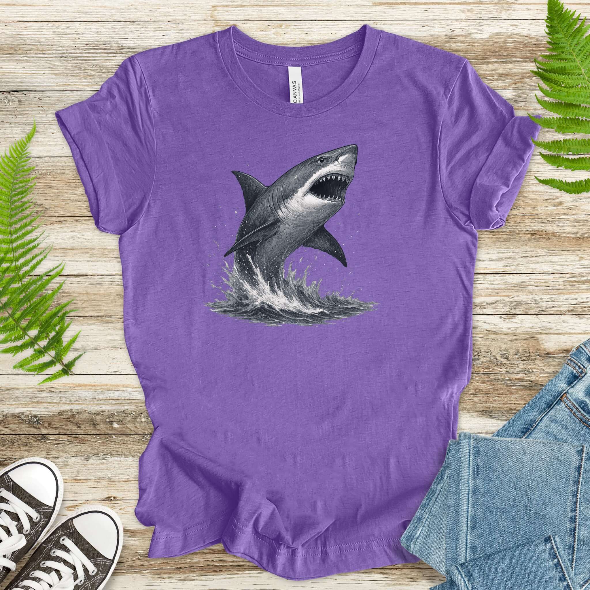 Great White Shark T-Shirt, purple tee with shark illustration, perfect for ocean lovers and shark enthusiasts.