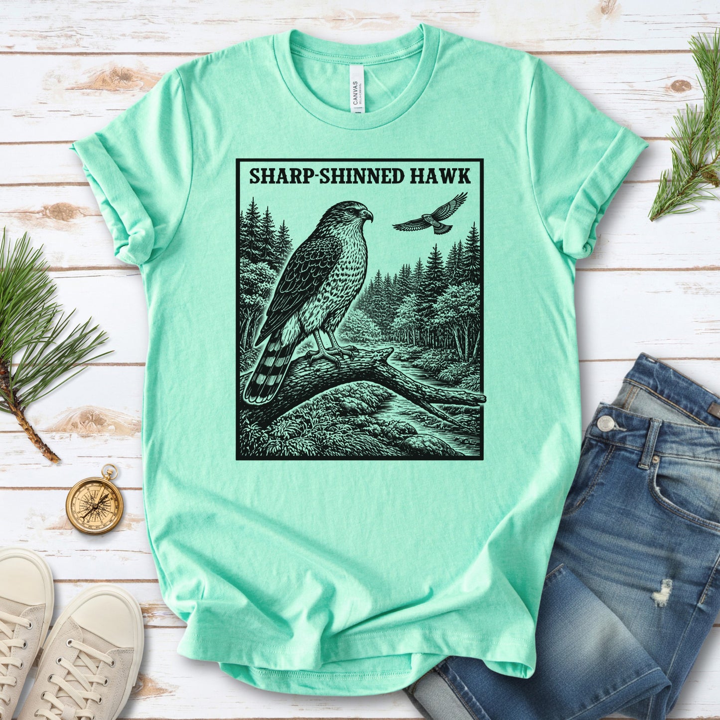 Sharp-Shinned Hawk Vintage Raptor Illustration Birdwatching T-Shirt