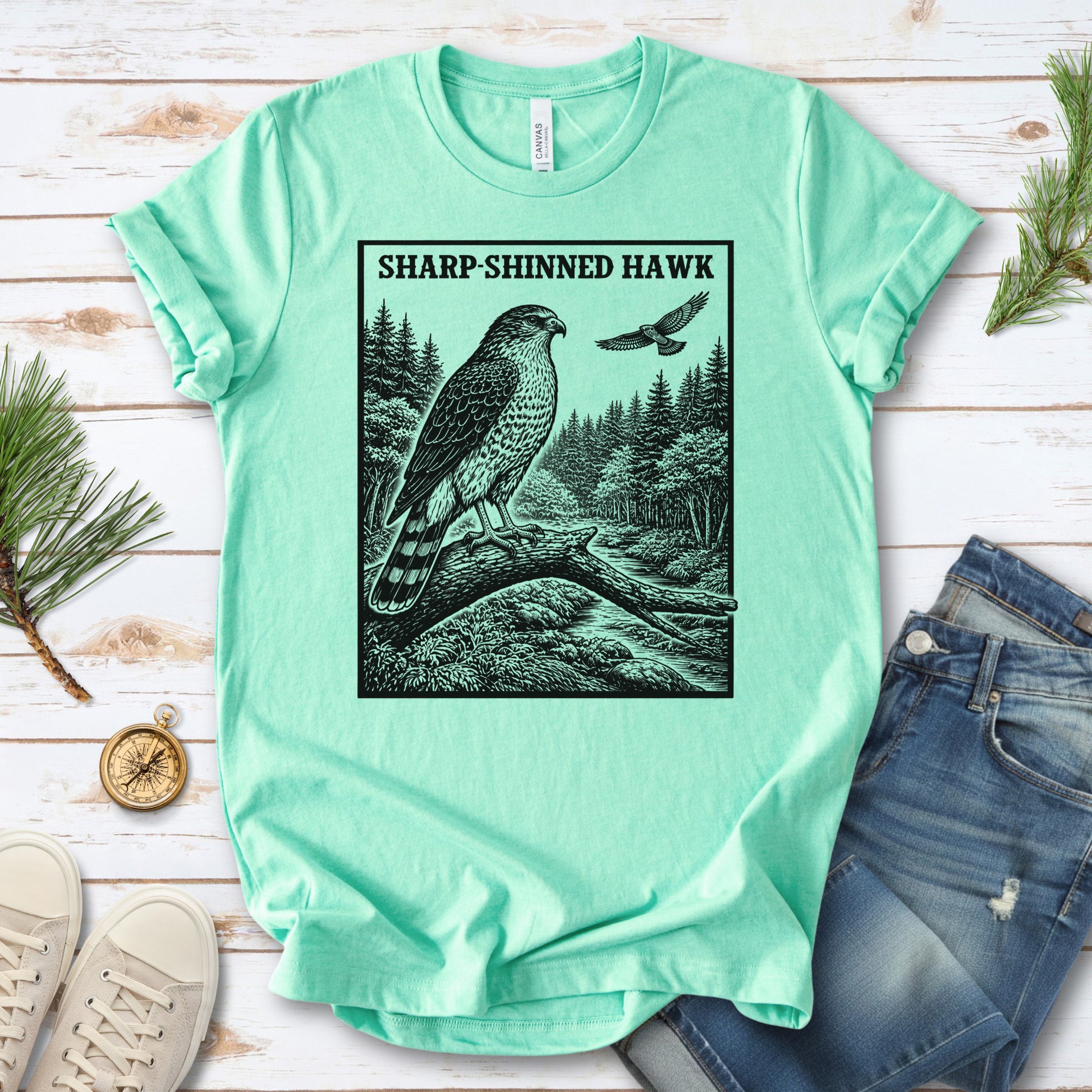 Sharp-Shinned Hawk Vintage Raptor Illustration Birdwatching T-Shirt
