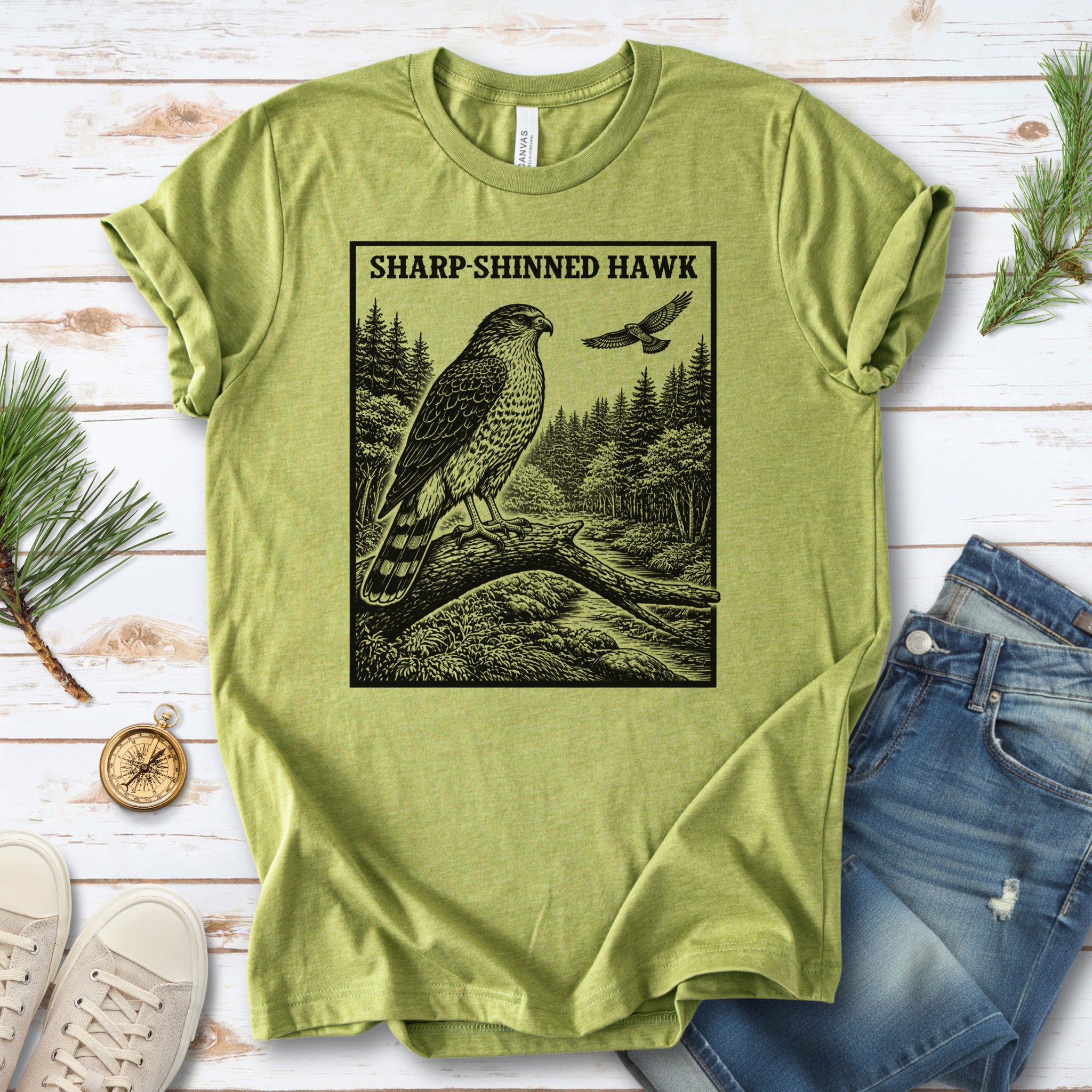 Sharp-Shinned Hawk Vintage Raptor Illustration Birdwatching T-Shirt