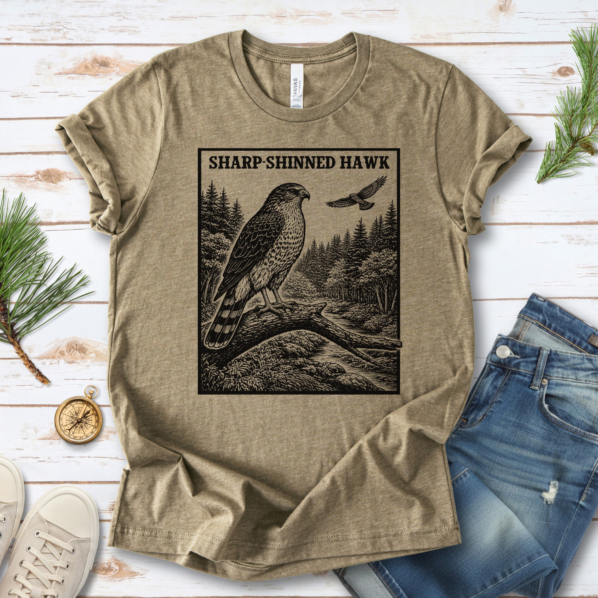 Sharp-Shinned Hawk Vintage Raptor Illustration Birdwatching T-Shirt