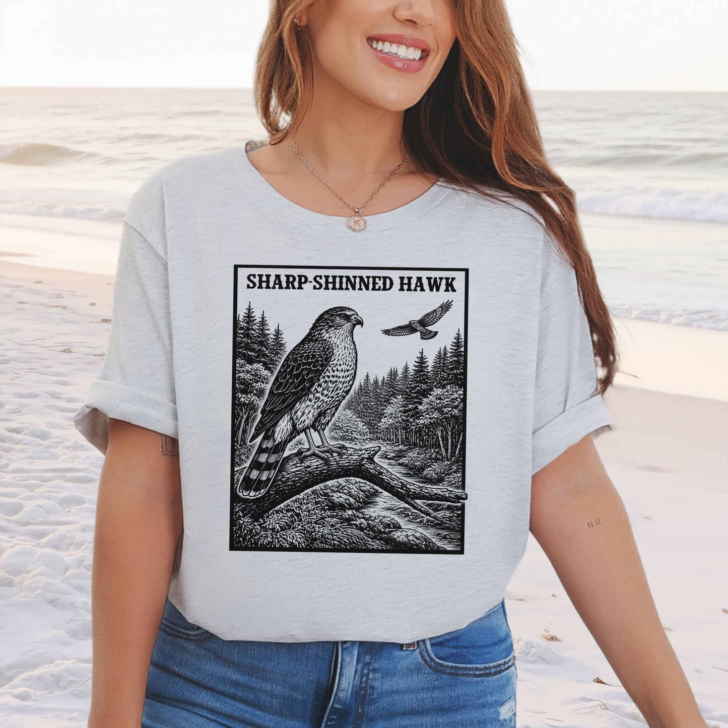 Sharp-Shinned Hawk Vintage Raptor Illustration Birdwatching T-Shirt