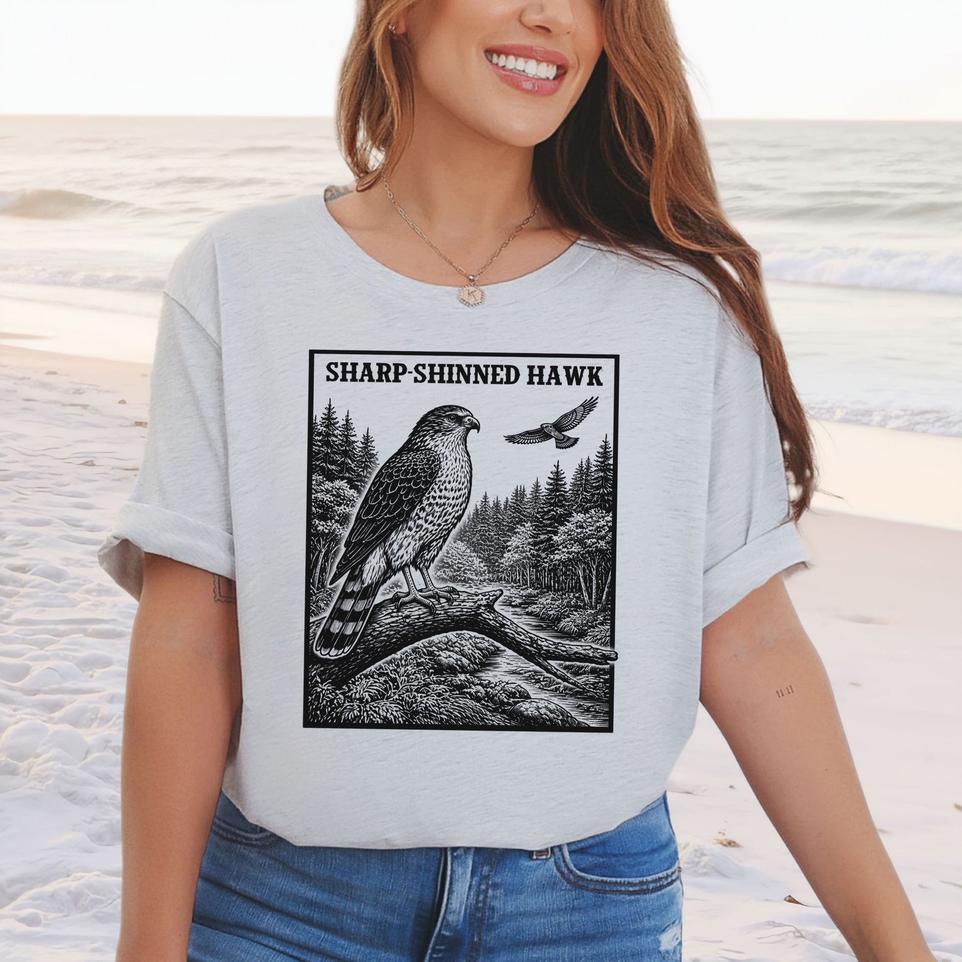 Sharp-Shinned Hawk Vintage Raptor Illustration Birdwatching T-Shirt