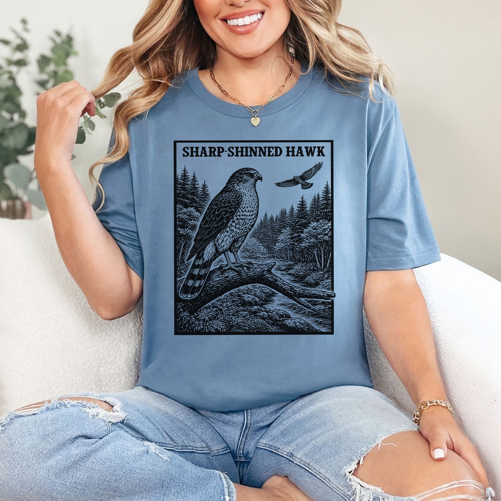 Sharp-Shinned Hawk Vintage Raptor Illustration Birdwatching T-Shirt