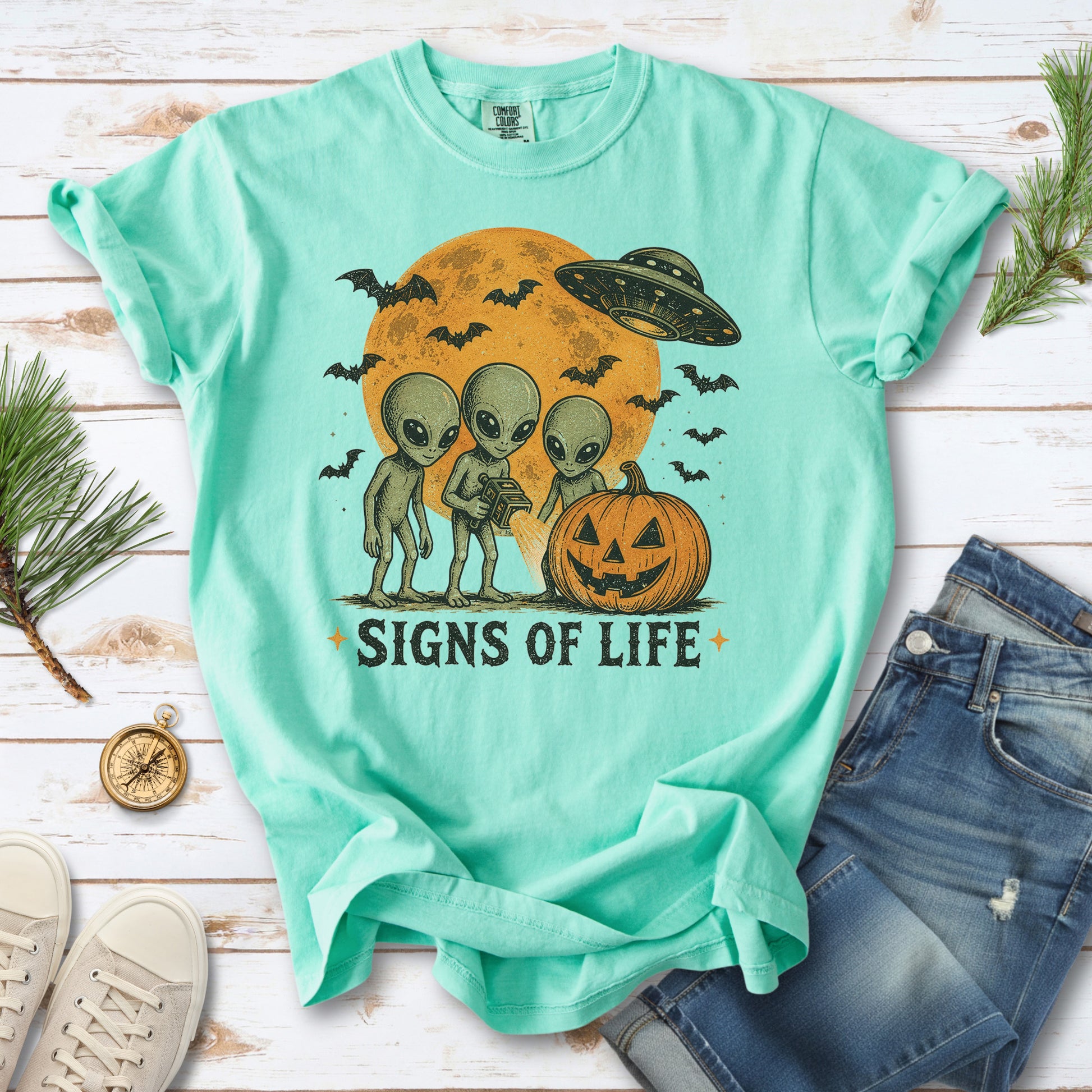Signs of Life Alien UFO Halloween Pumpkin Retro Sci-Fi Comfort Colors Shirt