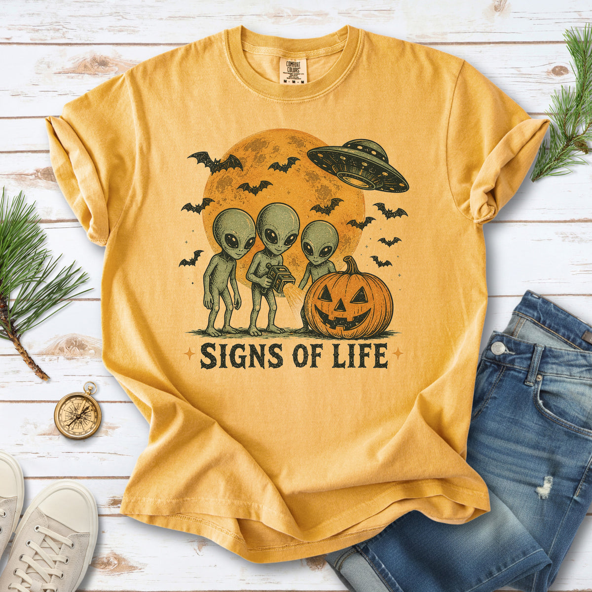 Signs of Life Alien UFO Halloween Pumpkin Retro Sci-Fi Comfort Colors Shirt