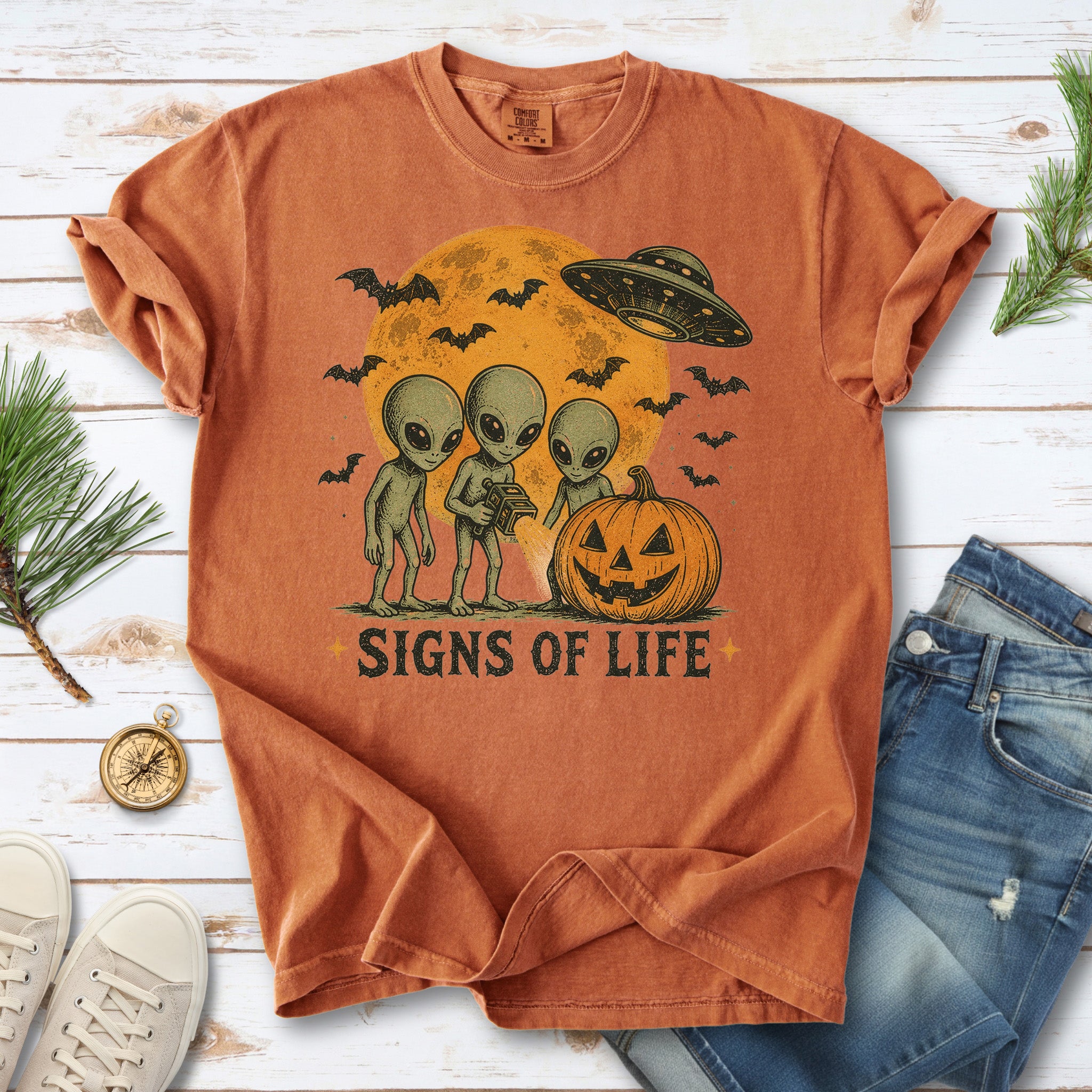 Signs of Life Alien UFO Halloween Pumpkin Retro Sci-Fi Comfort Colors Shirt