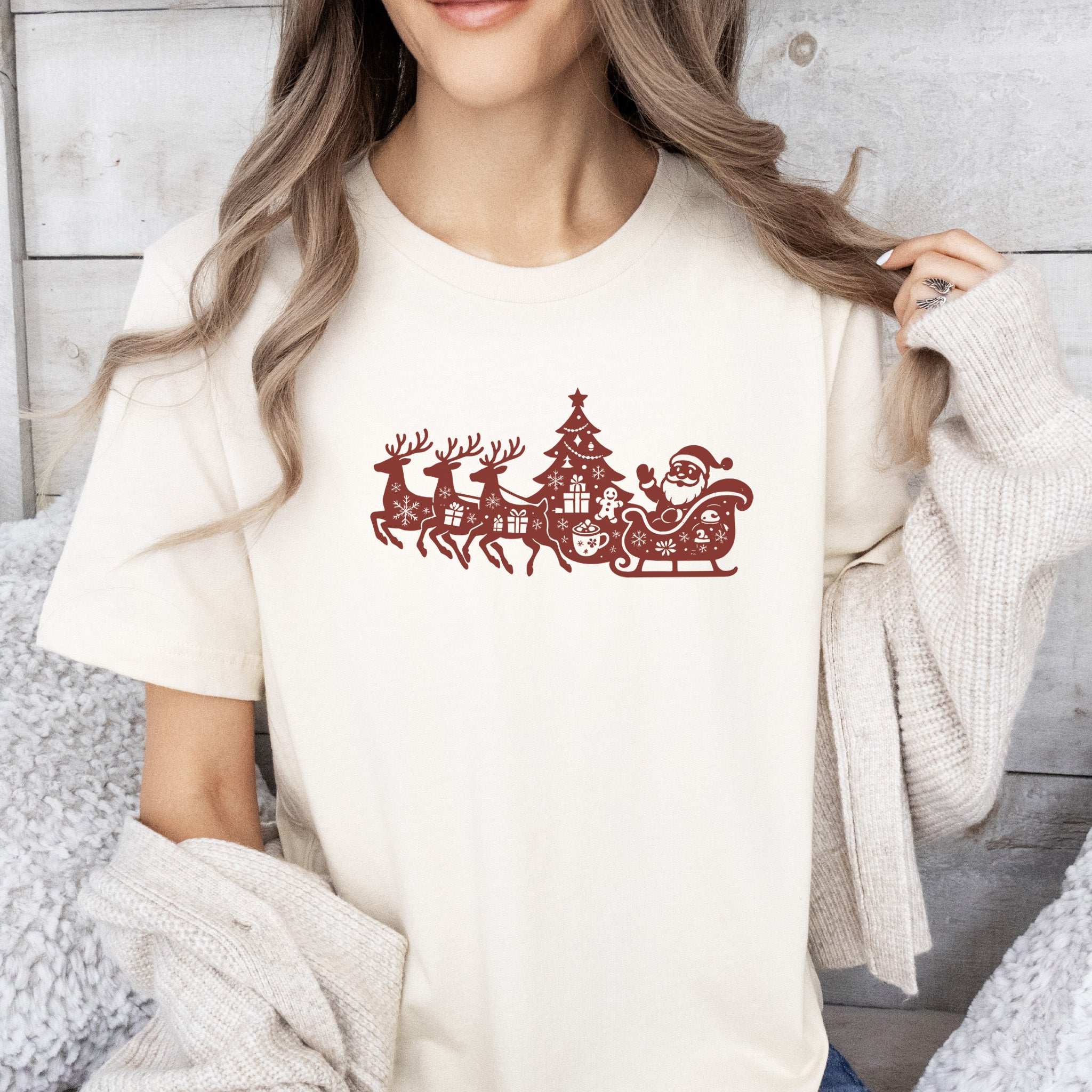 Silhouette Christmas Sleigh T-Shirt – Retro Reindeer Holiday Tee