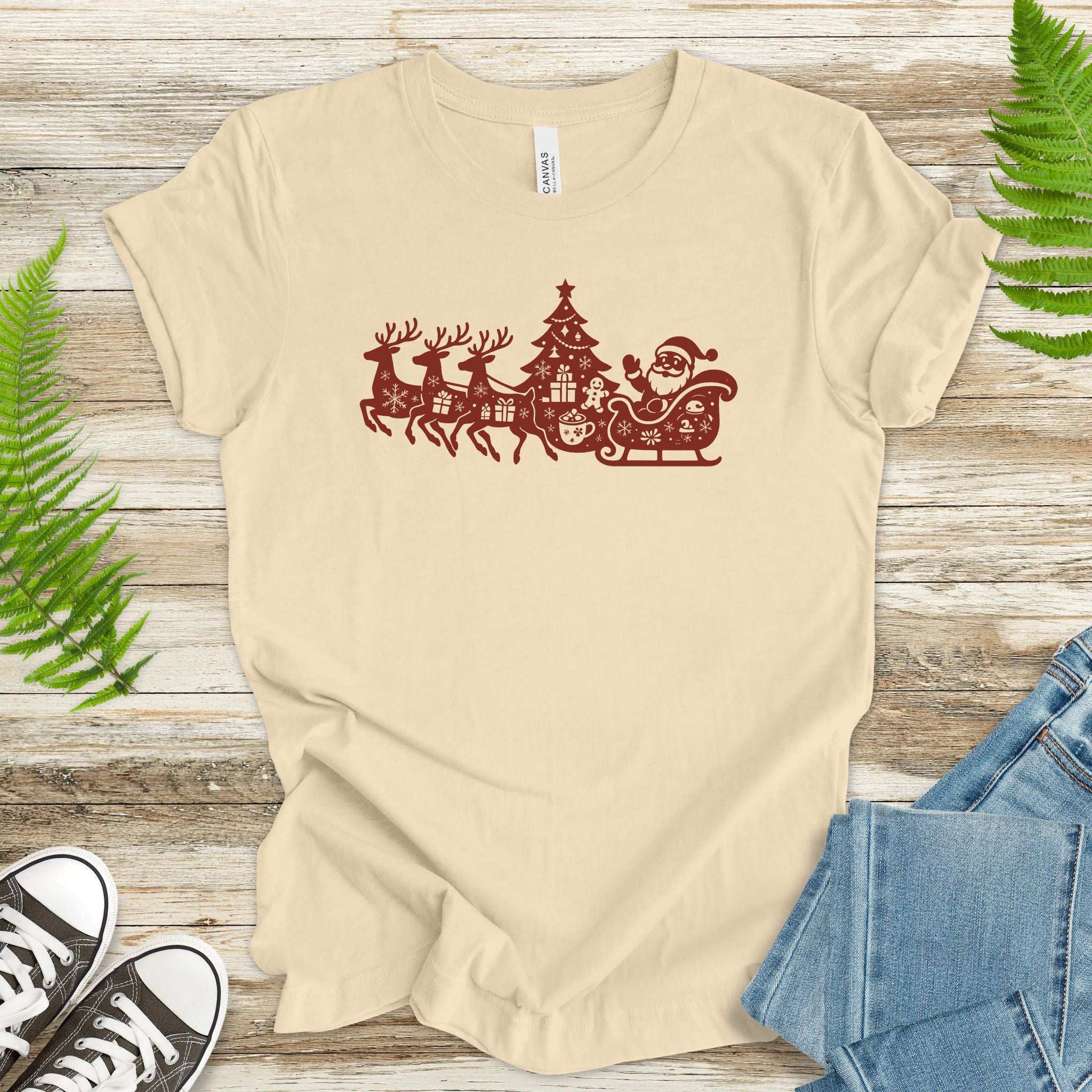 Silhouette Christmas Sleigh T-Shirt – Retro Reindeer Holiday Tee