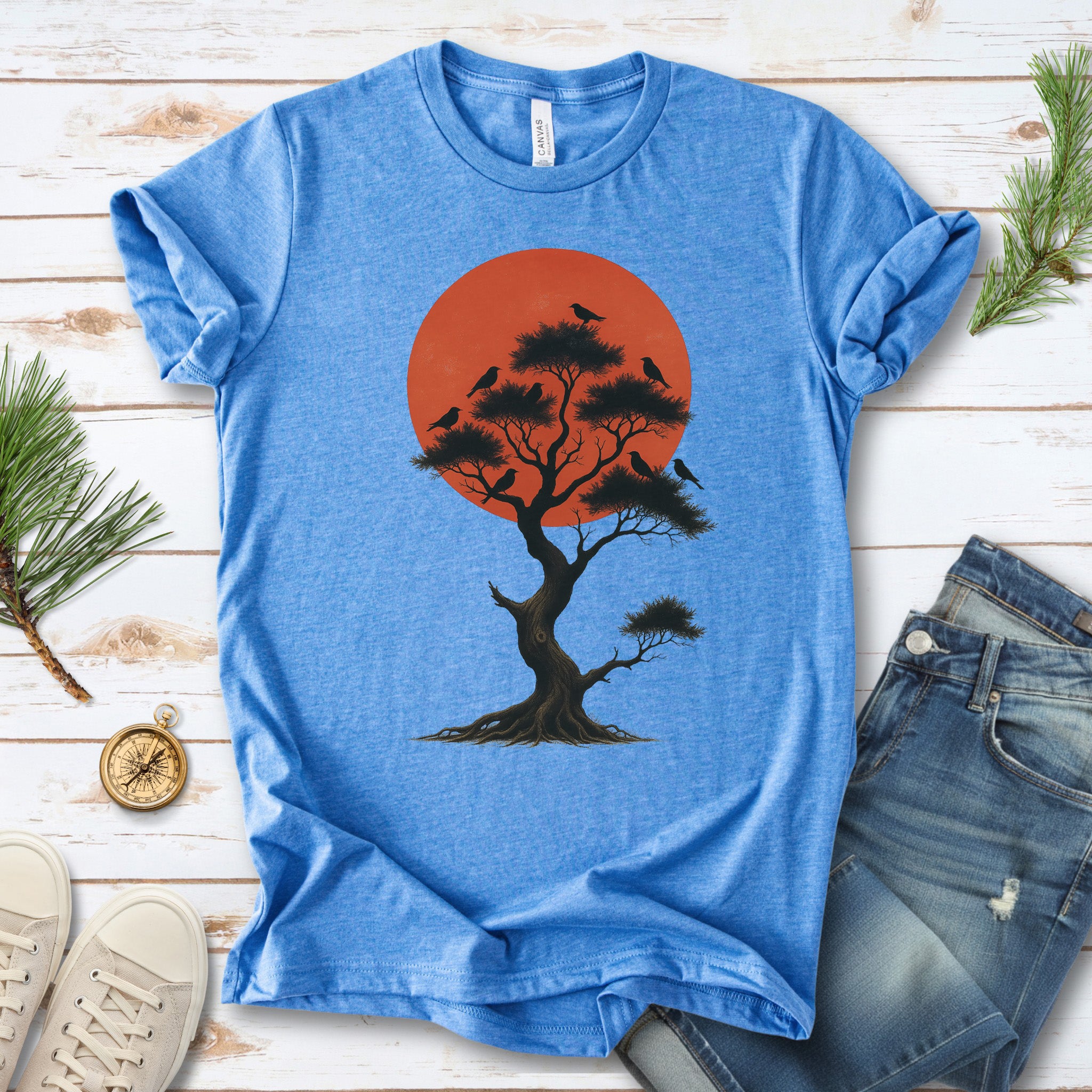 Japanese Tree & Birds T-Shirt – Vintage Sunset Nature Spirit Tee