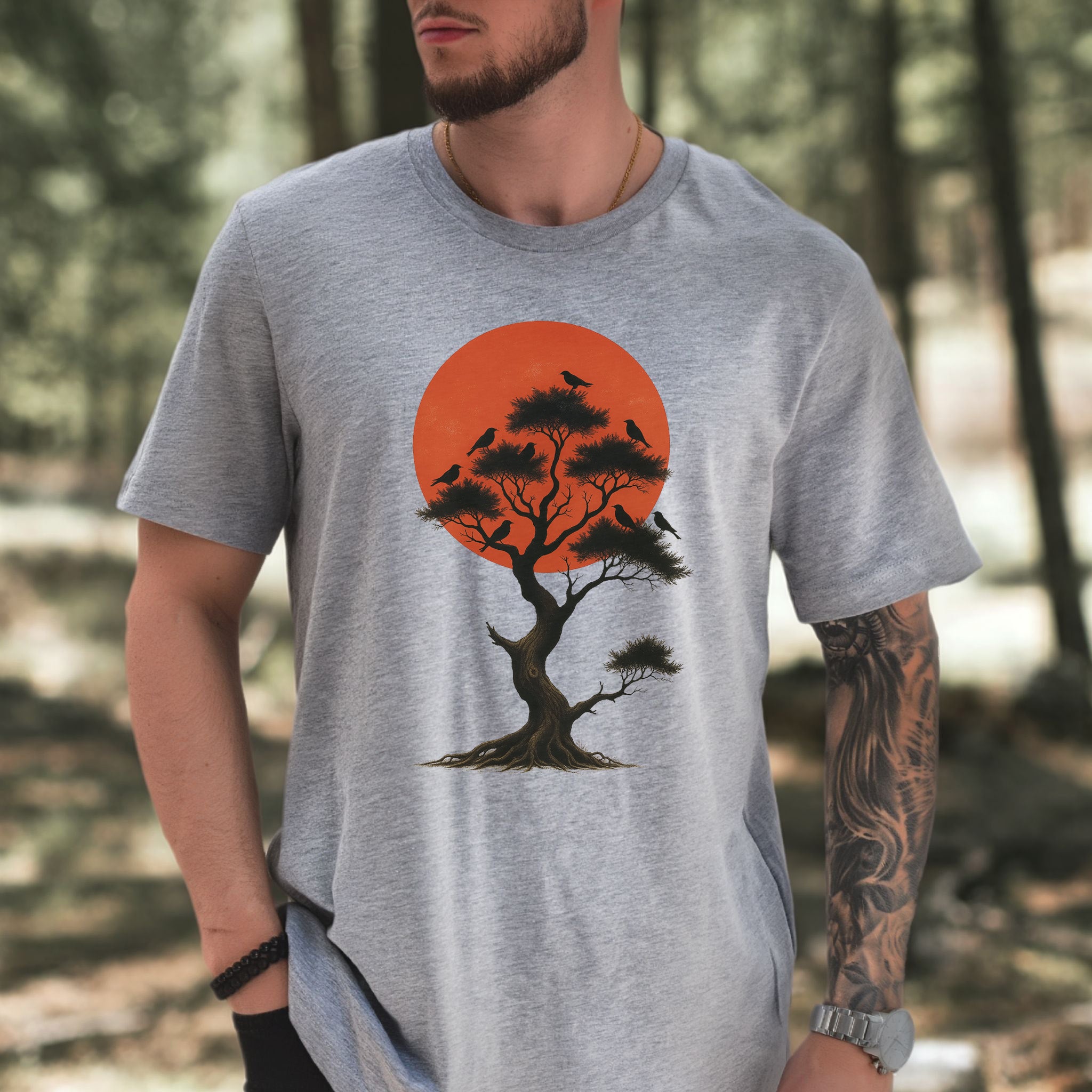 Japanese Tree & Birds T-Shirt – Vintage Sunset Nature Spirit Tee