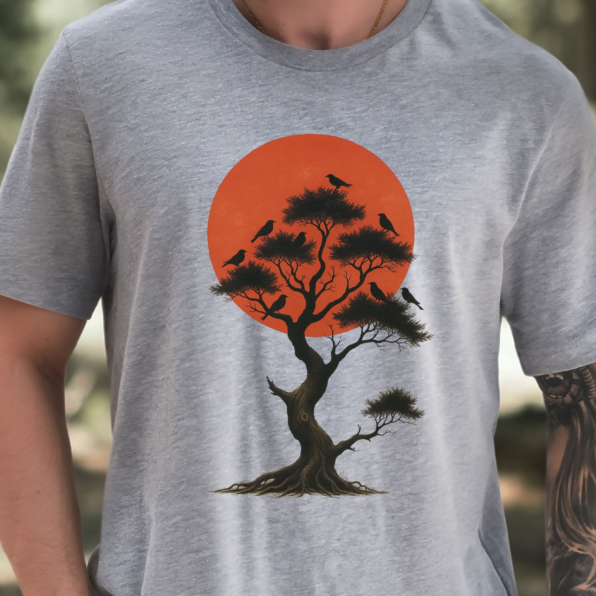 Japanese Tree & Birds T-Shirt – Vintage Sunset Nature Spirit Tee