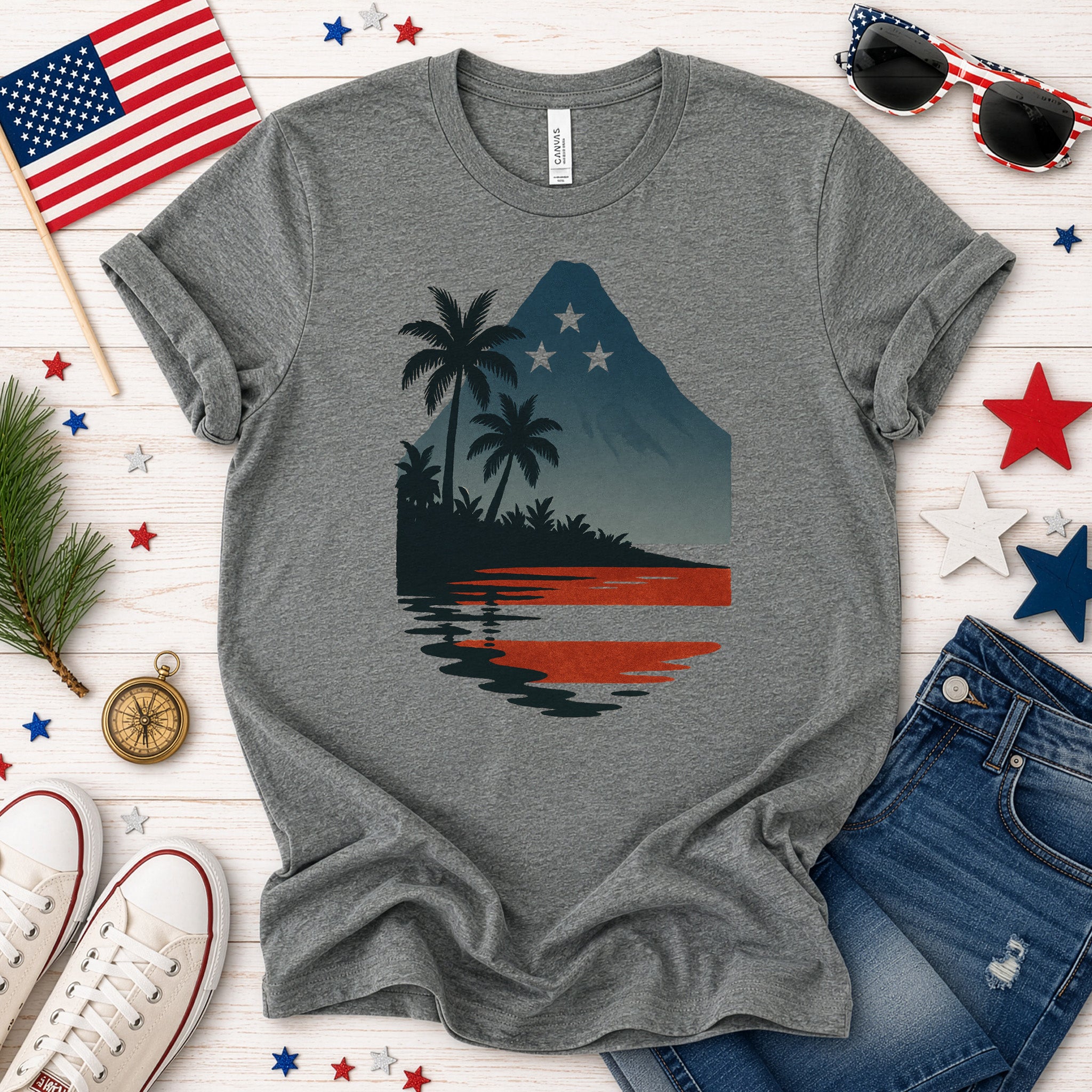 Hawaiian Island Sunset T-Shirt – Patriotic Tropical 4th of July Tee