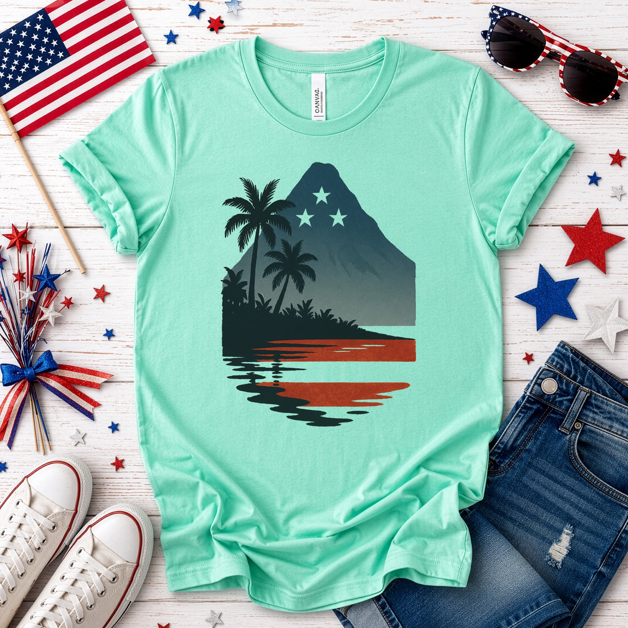 Hawaiian Island Sunset T-Shirt – Patriotic Tropical 4th of July Tee
