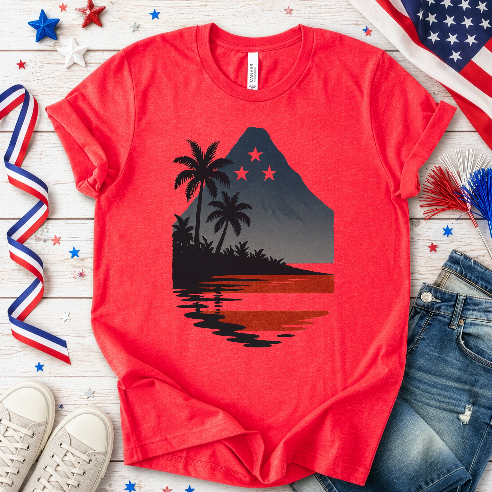 Hawaiian Island Sunset T-Shirt – Patriotic Tropical 4th of July Tee