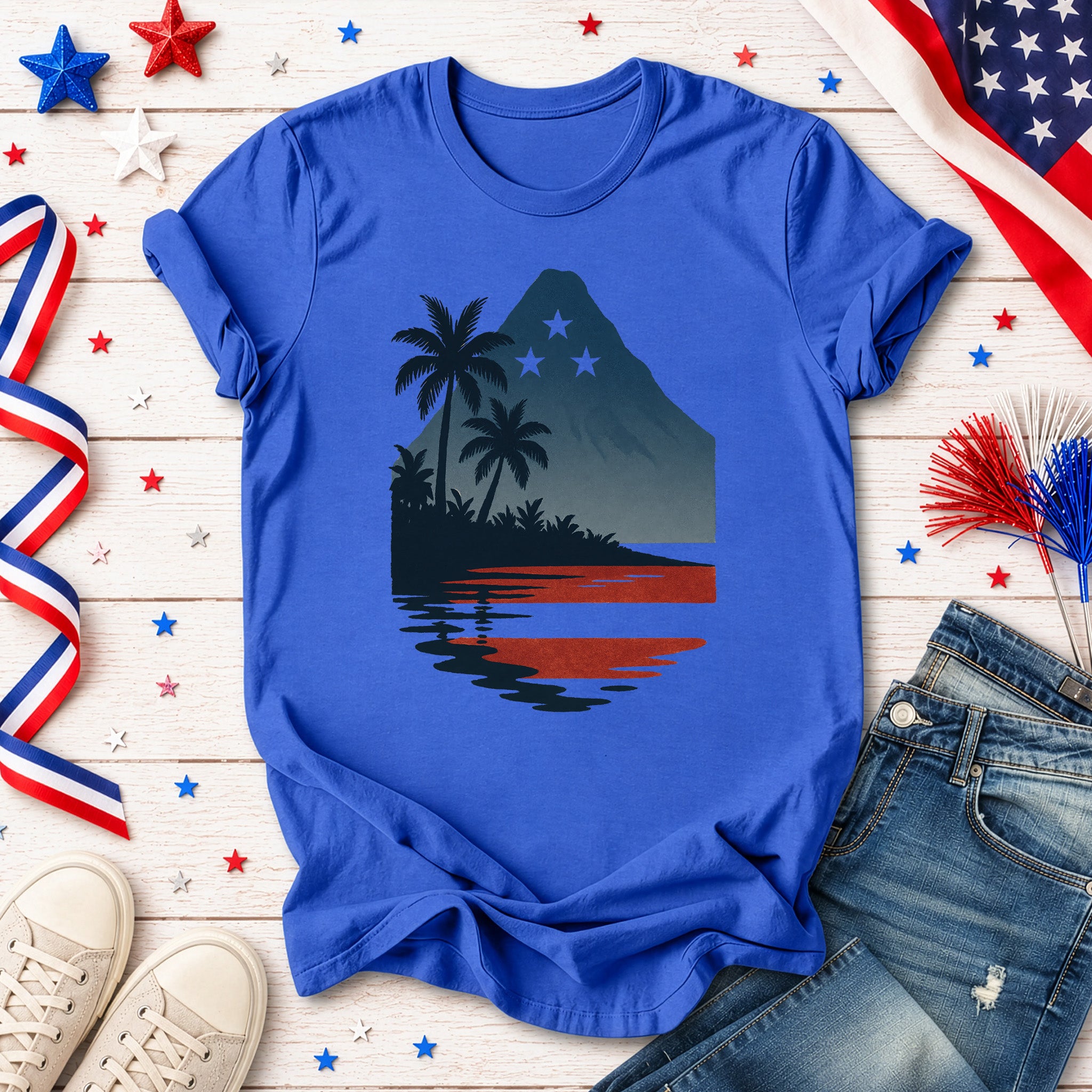 Hawaiian Island Sunset T-Shirt – Patriotic Tropical 4th of July Tee