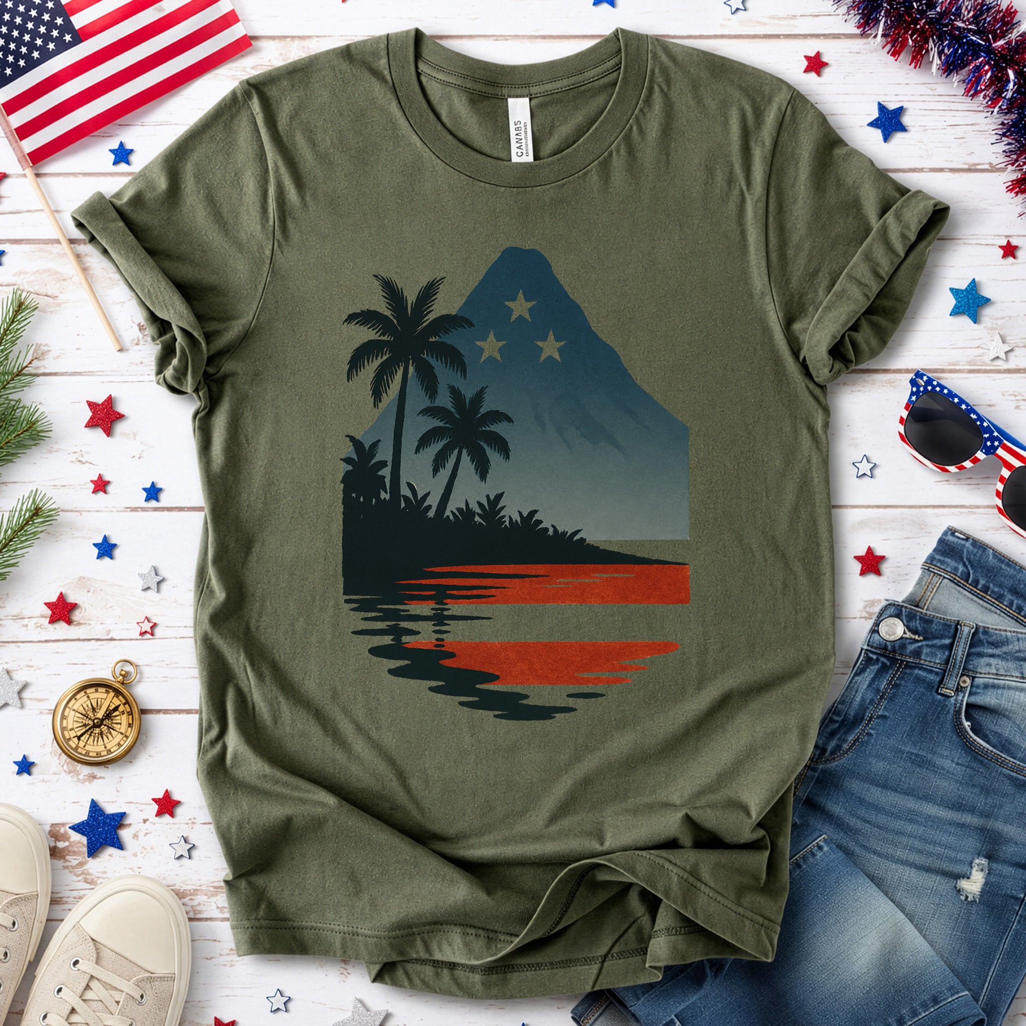Hawaiian Island Sunset T-Shirt – Patriotic Tropical 4th of July Tee