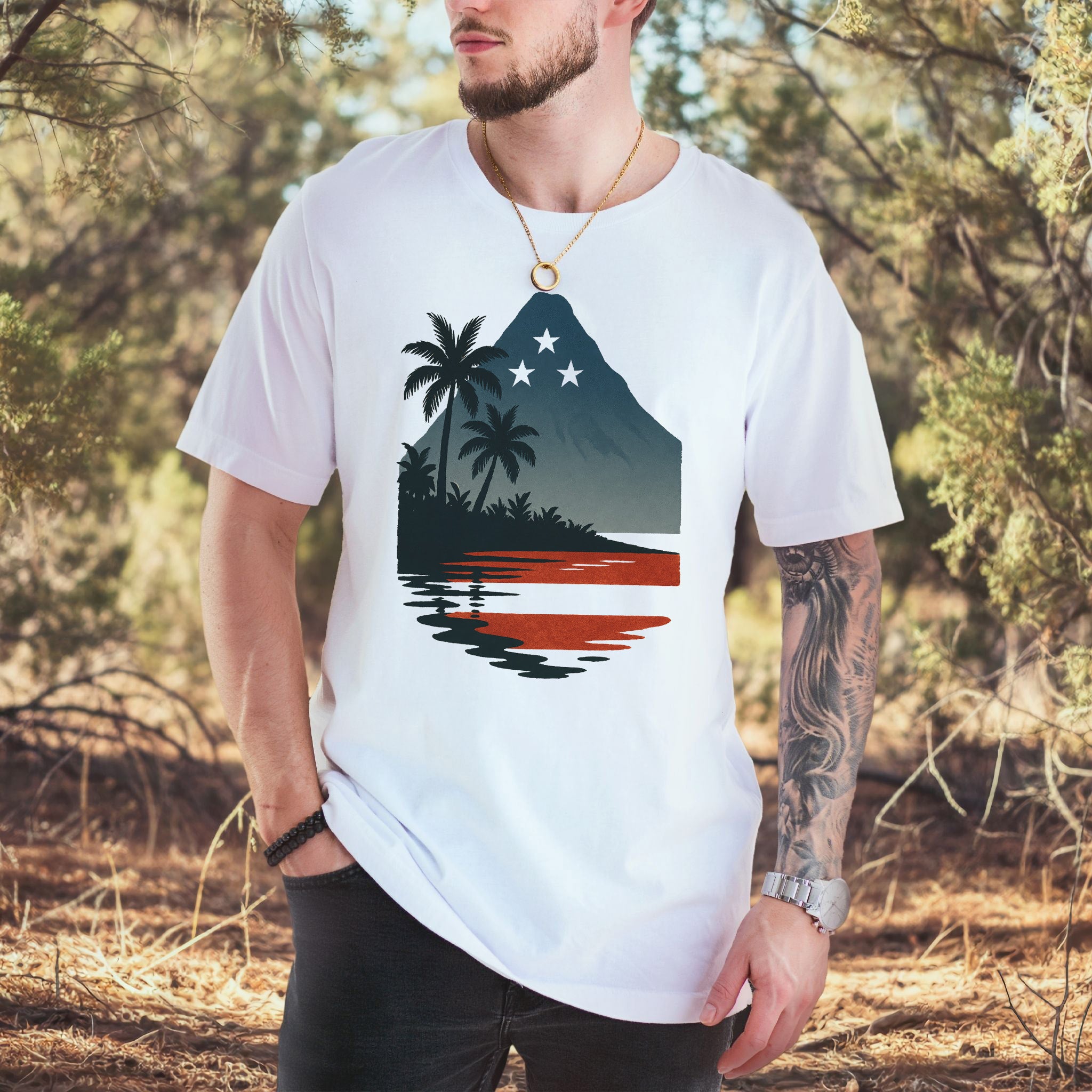 Hawaiian Island Sunset T-Shirt – Patriotic Tropical 4th of July Tee