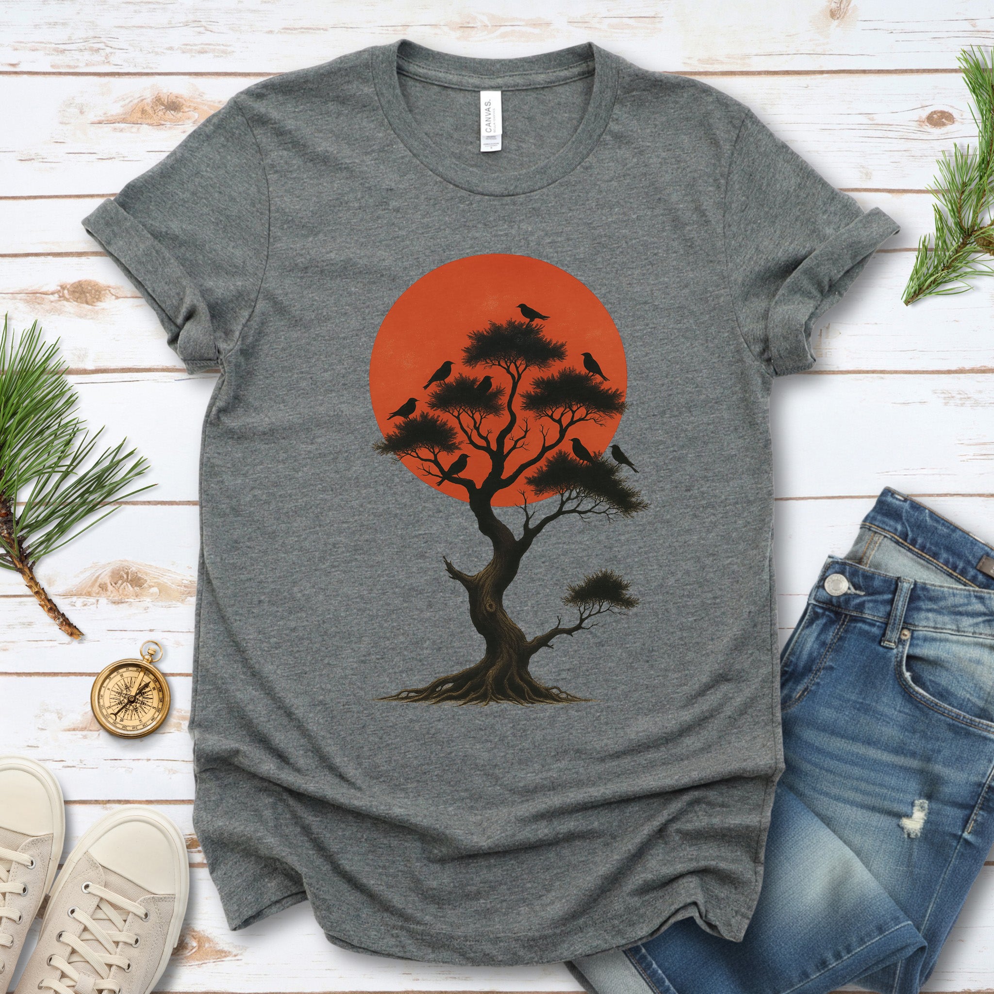 Japanese Tree & Birds T-Shirt – Vintage Sunset Nature Spirit Tee