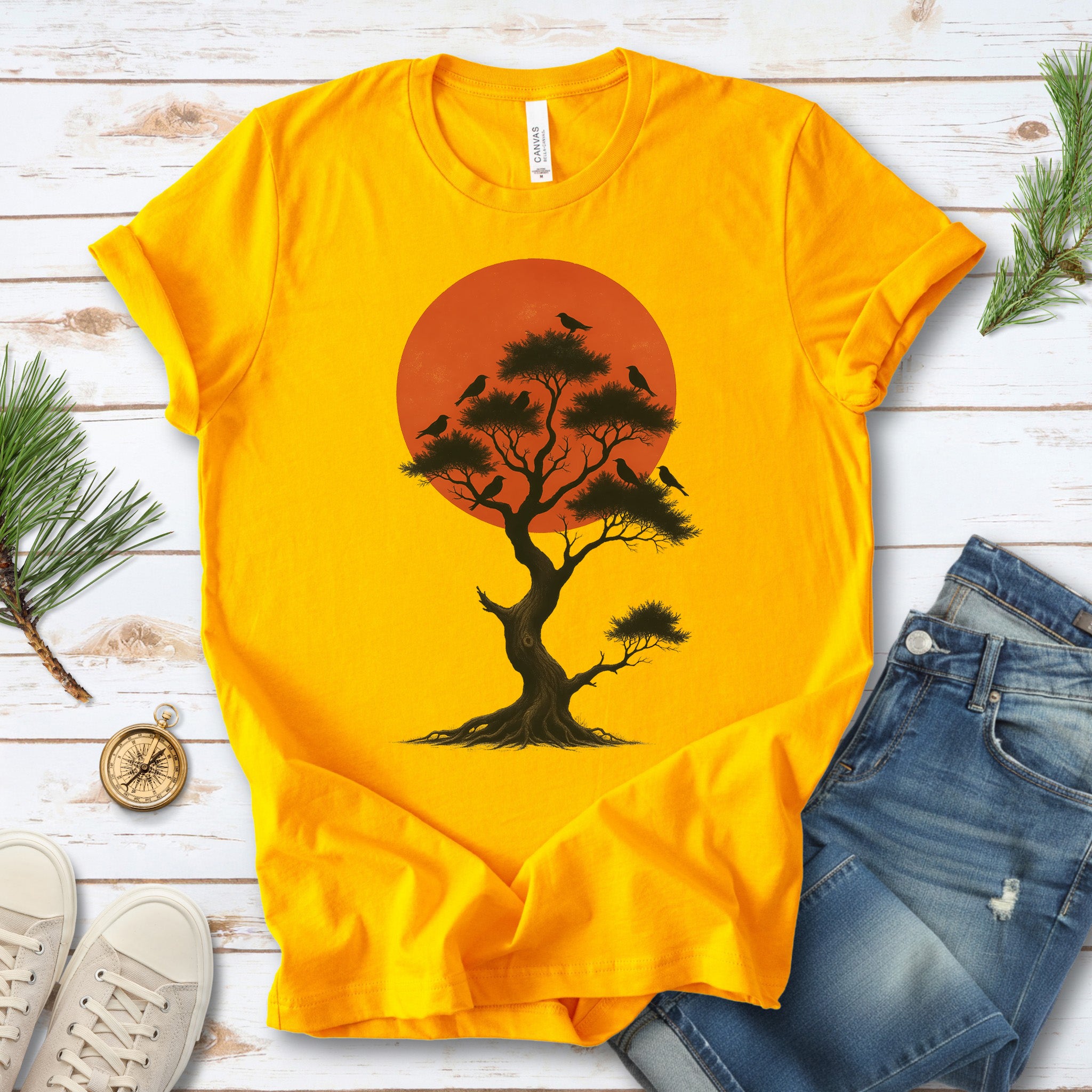 Japanese Tree & Birds T-Shirt – Vintage Sunset Nature Spirit Tee