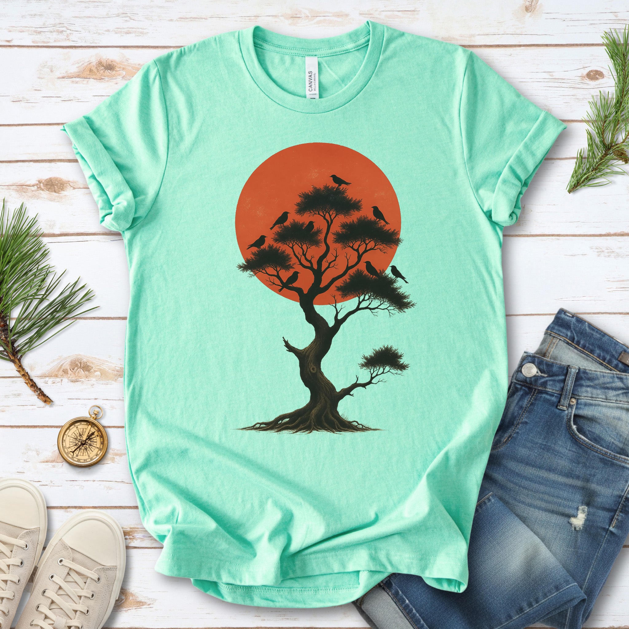 Japanese Tree & Birds T-Shirt – Vintage Sunset Nature Spirit Tee