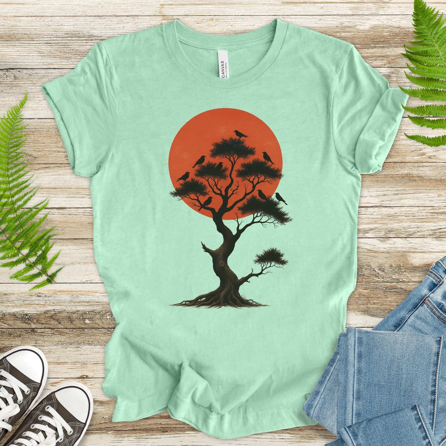 Japanese Tree & Birds T-Shirt – Vintage Sunset Nature Spirit Tee