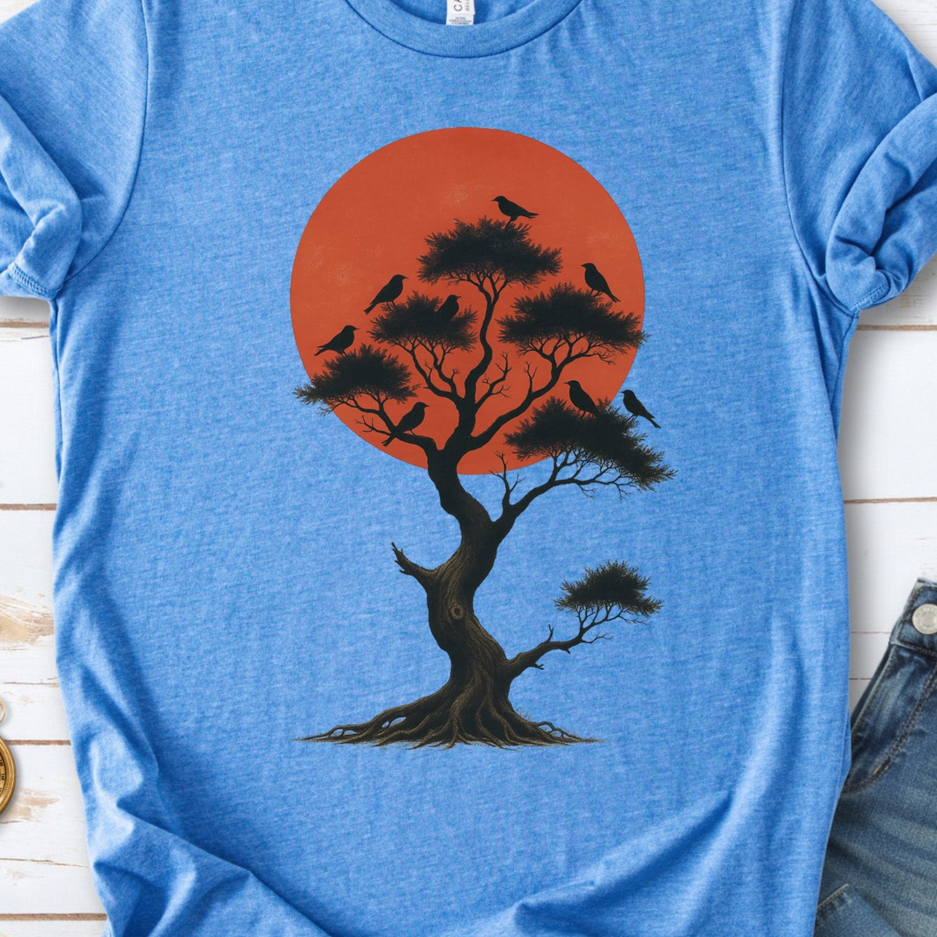 Japanese Tree & Birds T-Shirt – Vintage Sunset Nature Spirit Tee