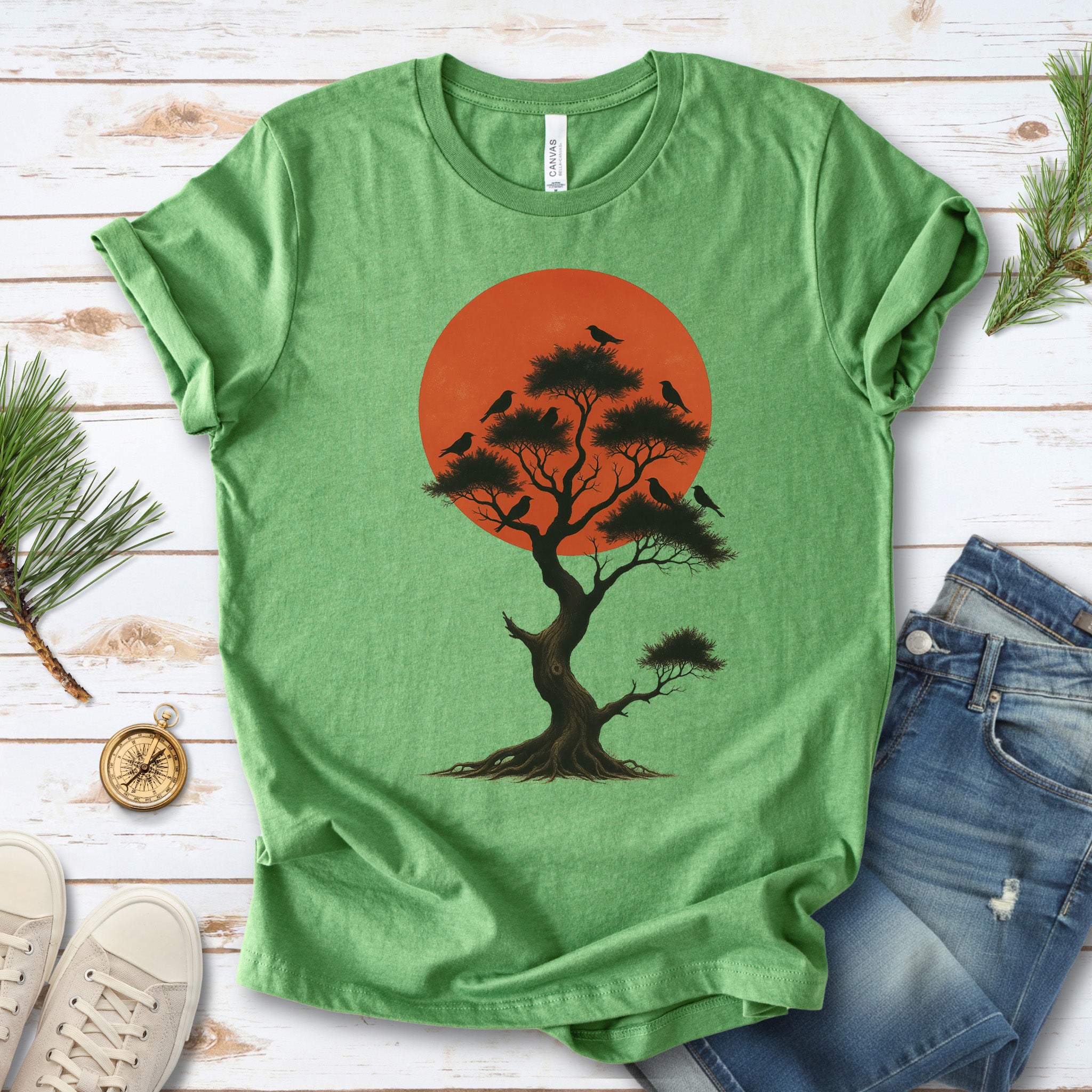 Japanese Tree & Birds T-Shirt – Vintage Sunset Nature Spirit Tee