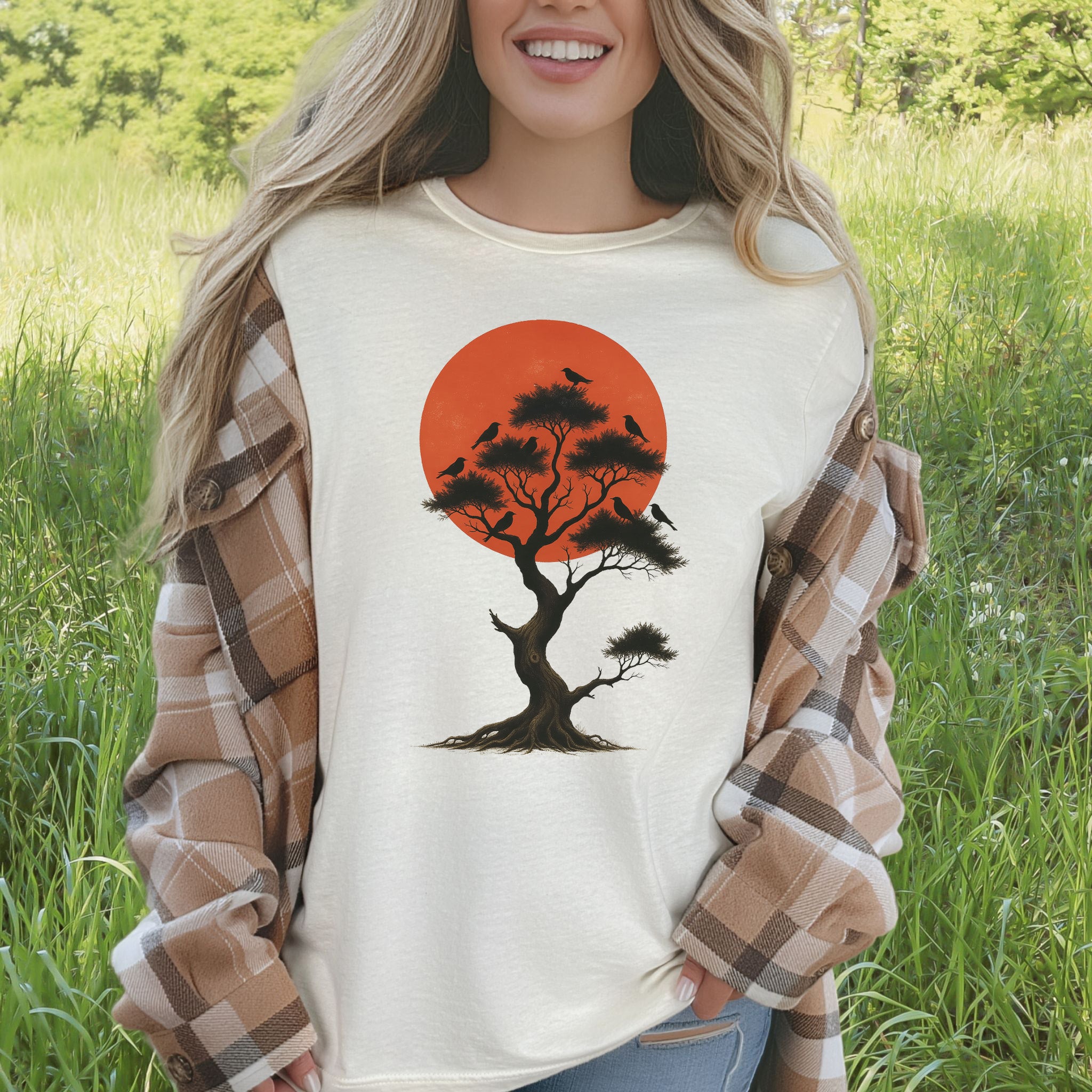 Japanese Tree & Birds T-Shirt – Vintage Sunset Nature Spirit Tee