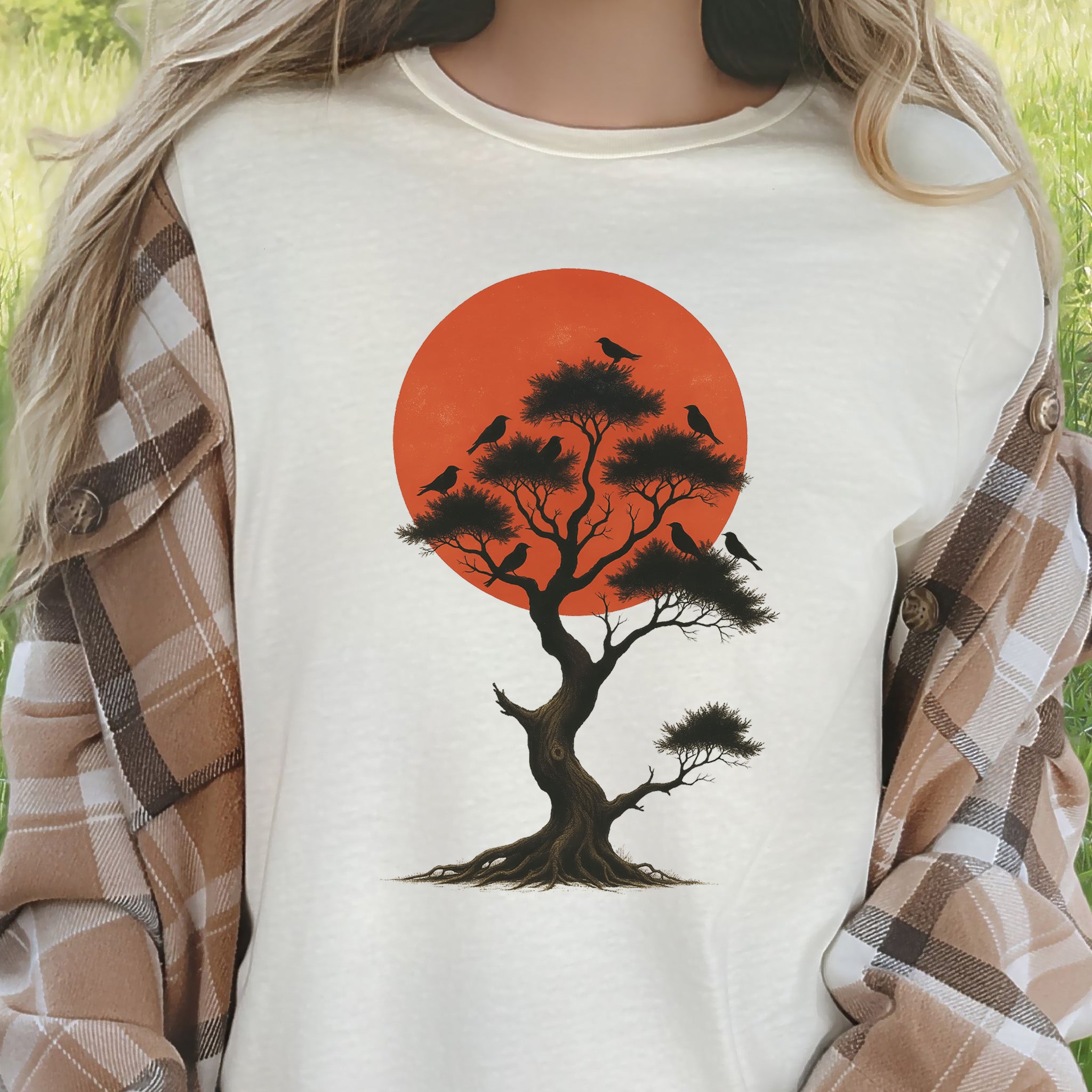 Japanese Tree & Birds T-Shirt – Vintage Sunset Nature Spirit Tee