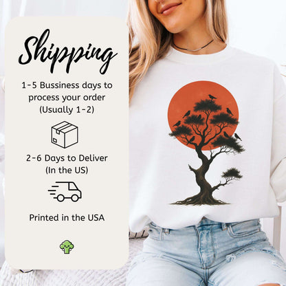 Japanese Tree & Birds Sunset Sweatshirt – Vintage Nature Spirit Design