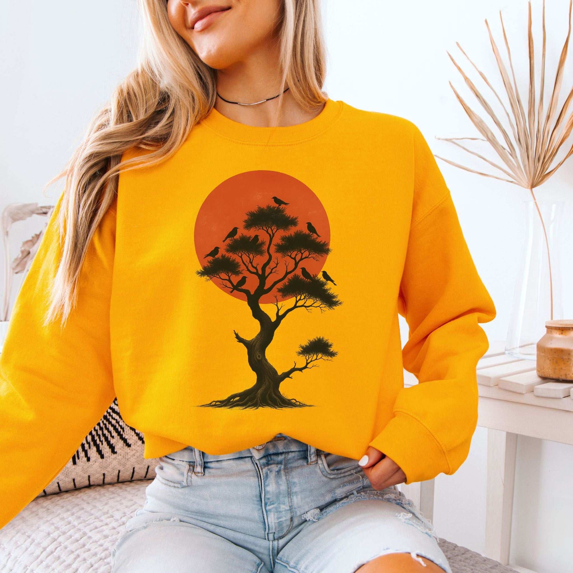 Japanese Tree & Birds Sunset Sweatshirt – Vintage Nature Spirit Design