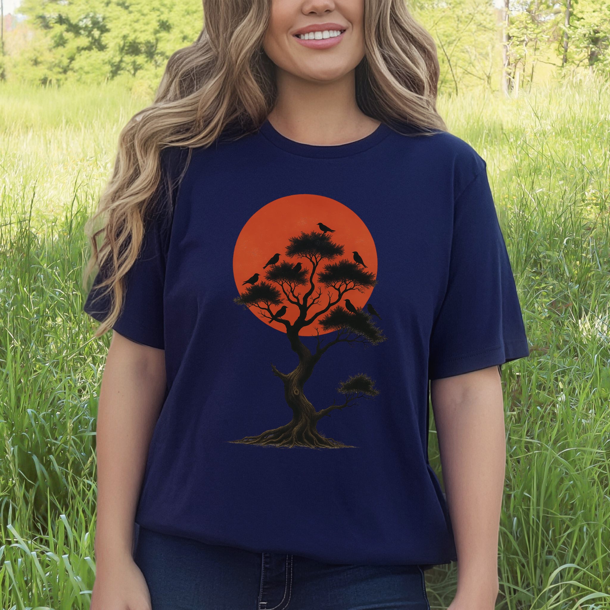 Japanese Tree & Birds T-Shirt – Vintage Sunset Nature Spirit Tee