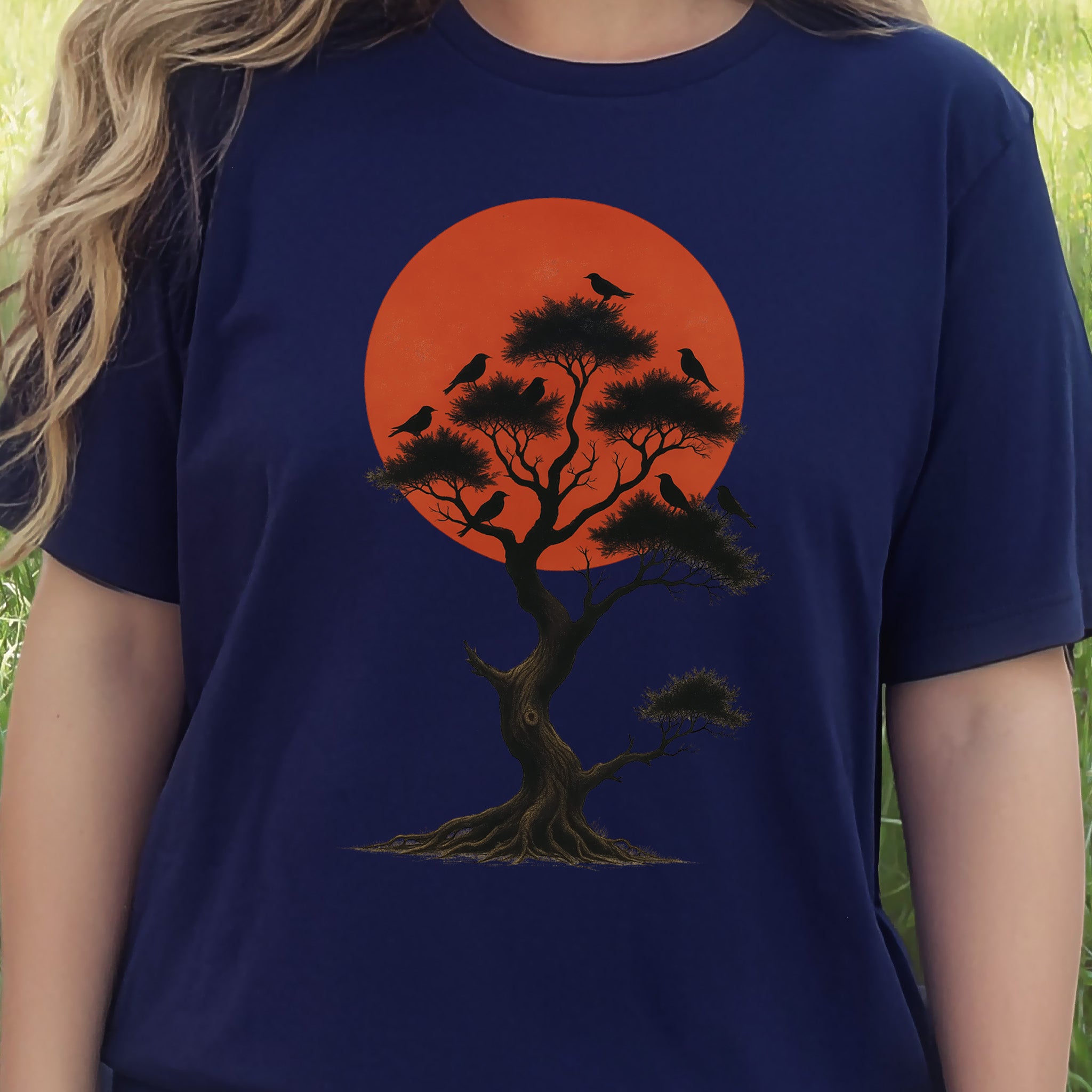 Japanese Tree & Birds T-Shirt – Vintage Sunset Nature Spirit Tee