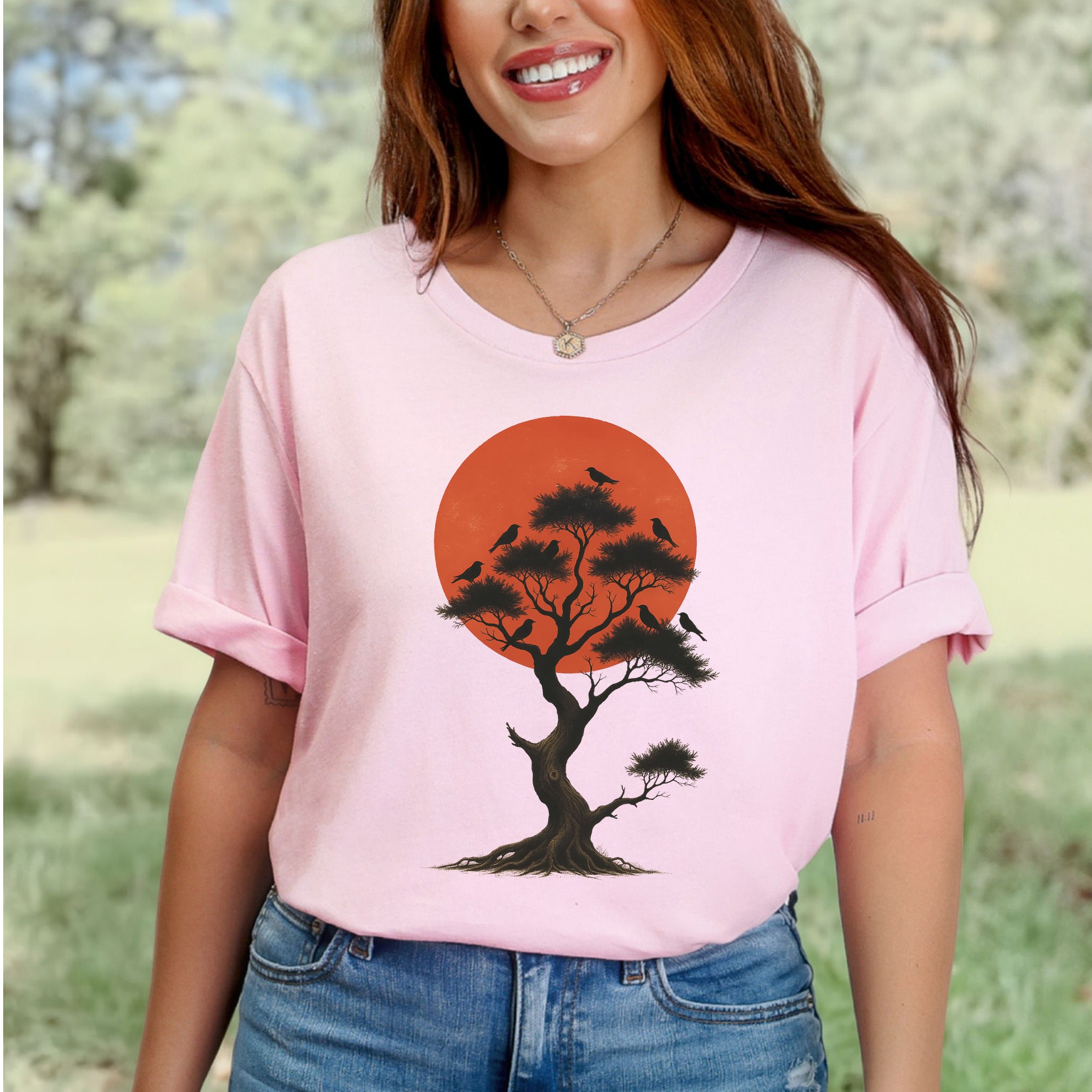Japanese Tree & Birds T-Shirt – Vintage Sunset Nature Spirit Tee
