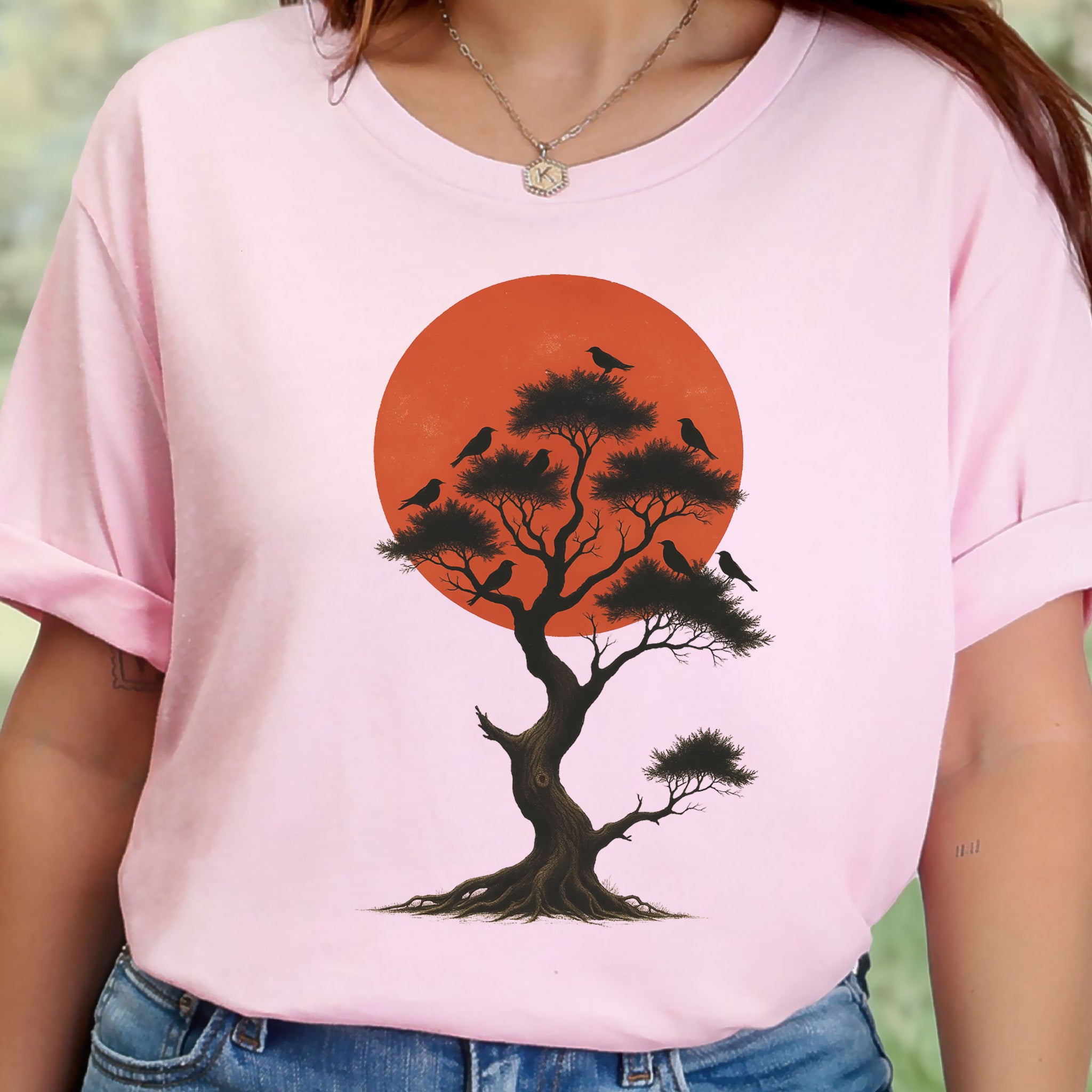 Japanese Tree & Birds T-Shirt – Vintage Sunset Nature Spirit Tee