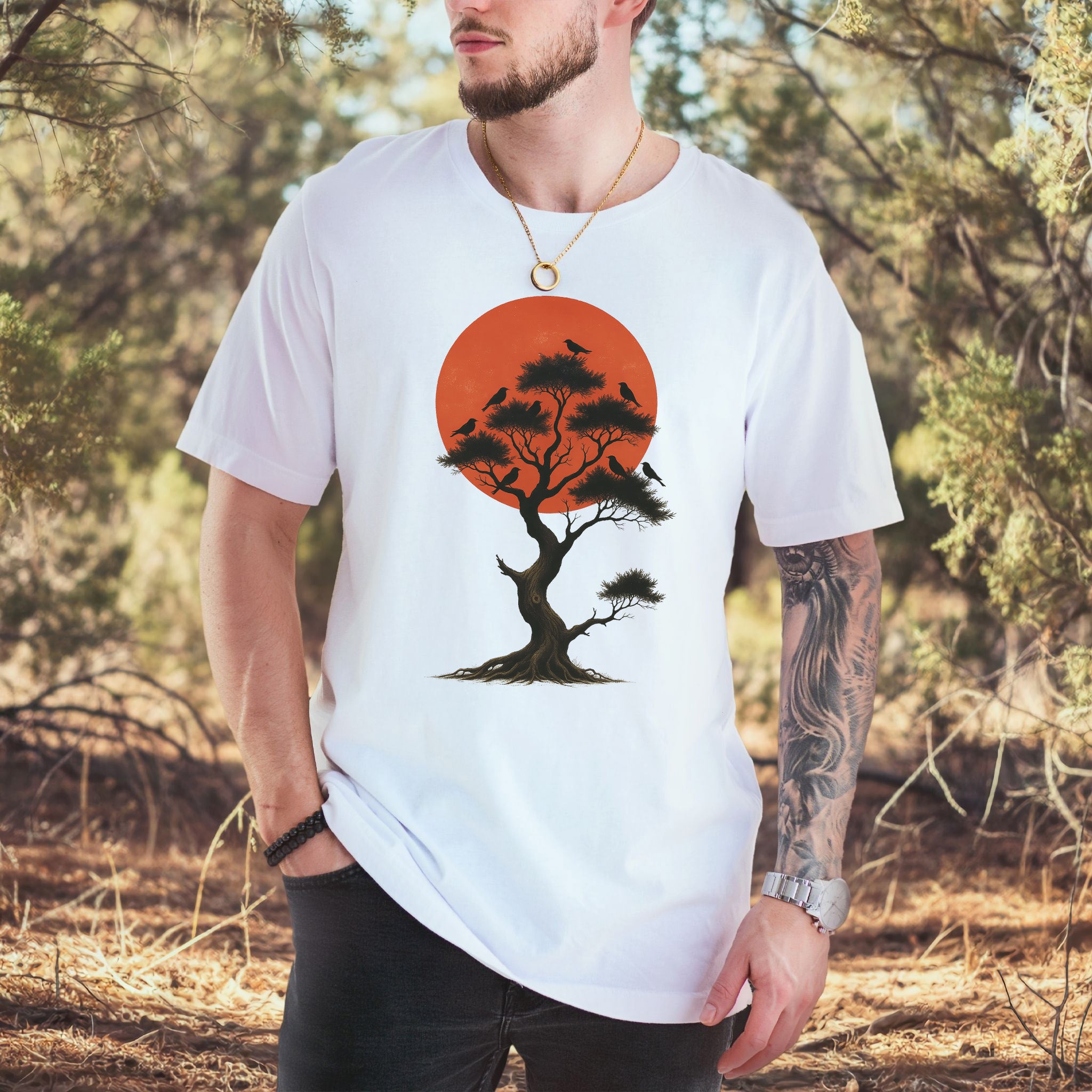 Japanese Tree & Birds T-Shirt – Vintage Sunset Nature Spirit Tee