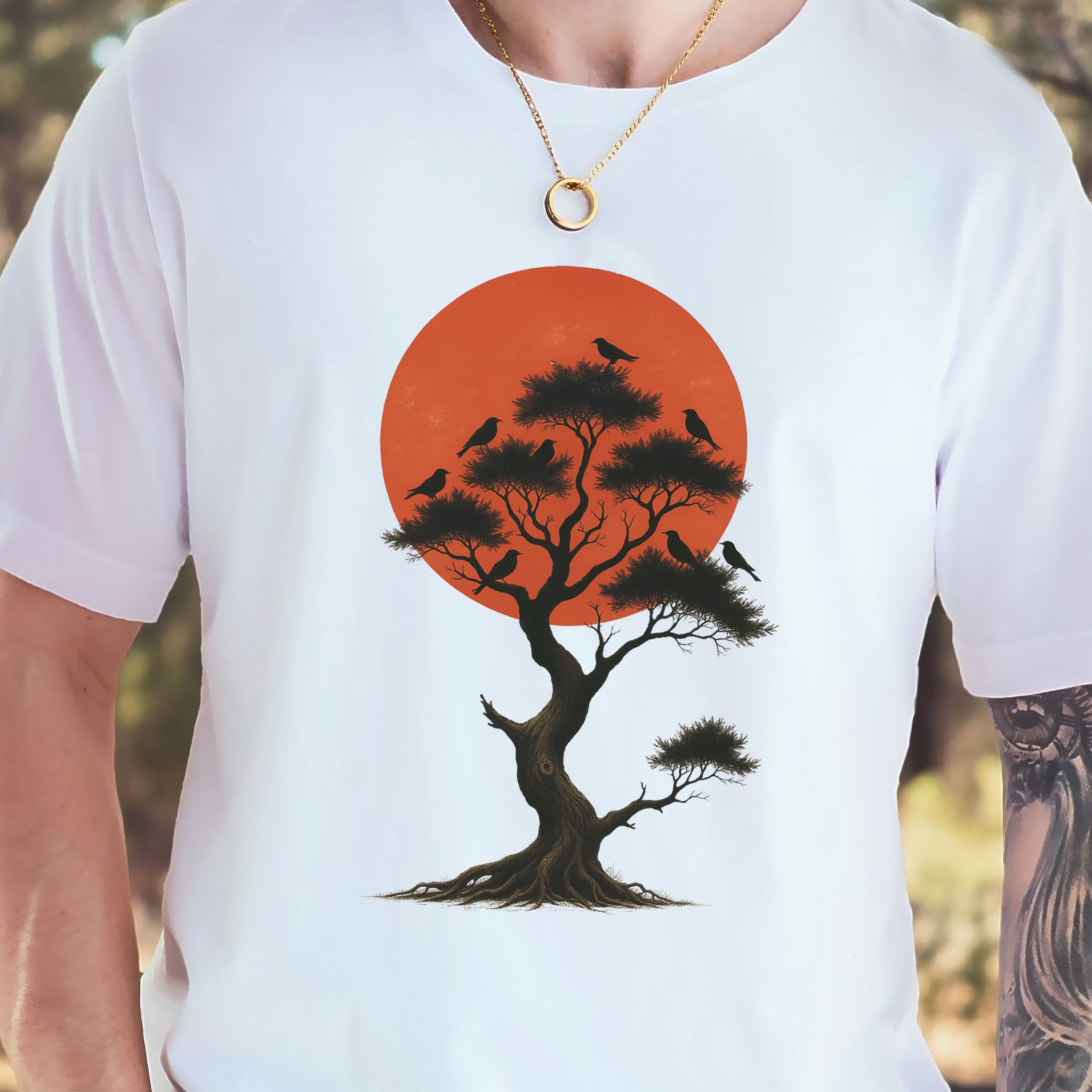 Japanese Tree & Birds T-Shirt – Vintage Sunset Nature Spirit Tee