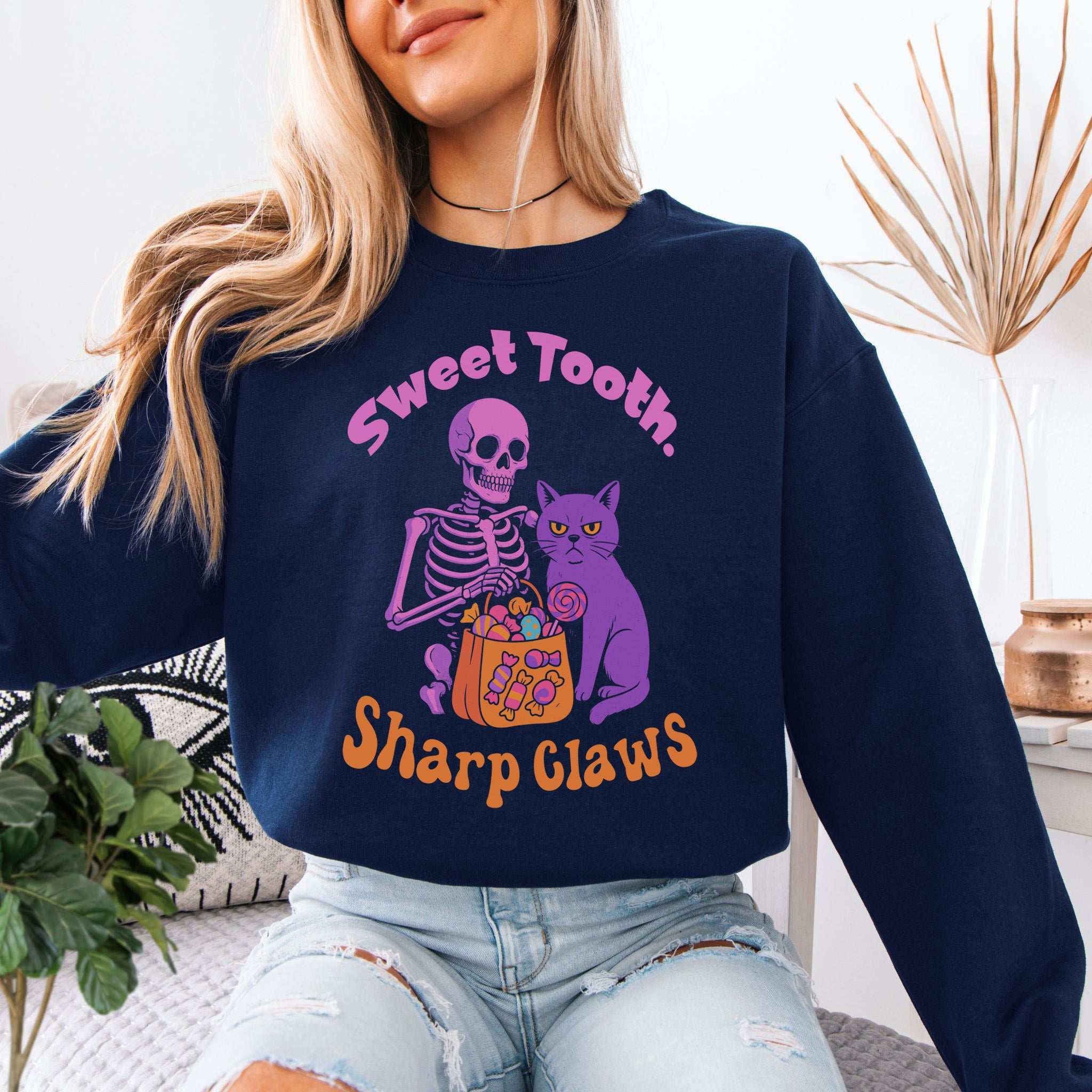 Skeleton and Grumpy Cat Halloween Sweatshirt – Sweet Tooth, Sharp Claws