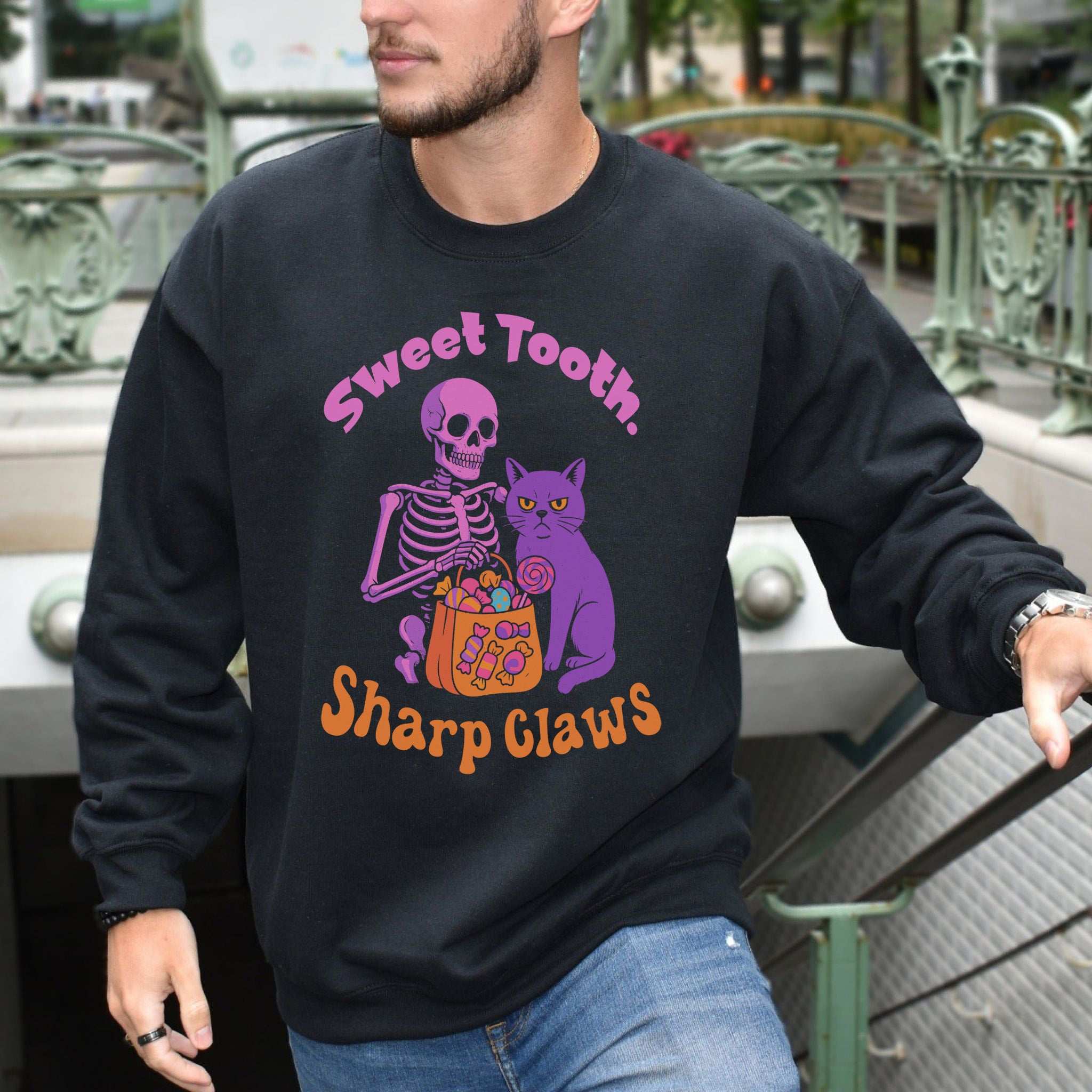 Skeleton and Grumpy Cat Halloween Sweatshirt – Sweet Tooth, Sharp Claws
