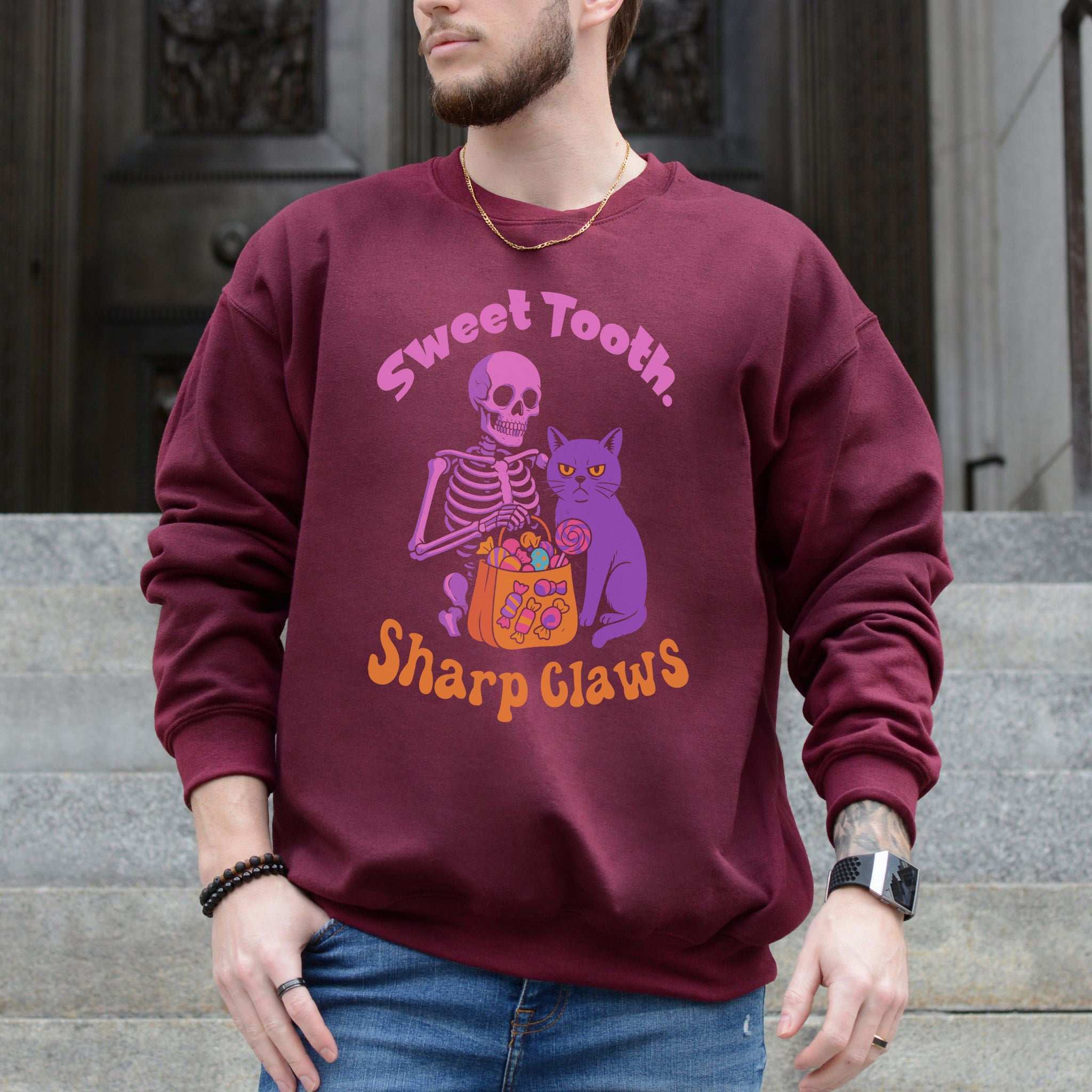 Skeleton and Grumpy Cat Halloween Sweatshirt – Sweet Tooth, Sharp Claws