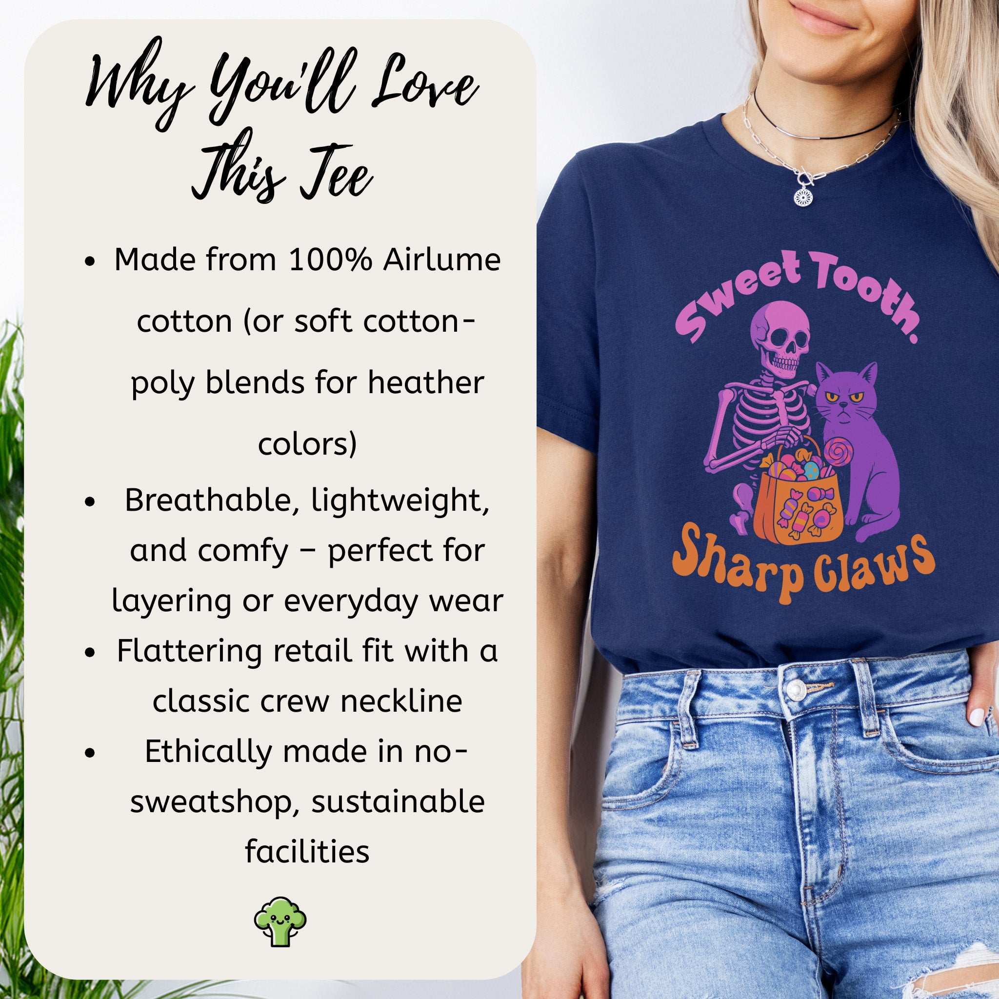Skeleton and Grumpy Cat Halloween T-shirt featuring sweet tooth and sharp claws design, perfect for spooky season.
