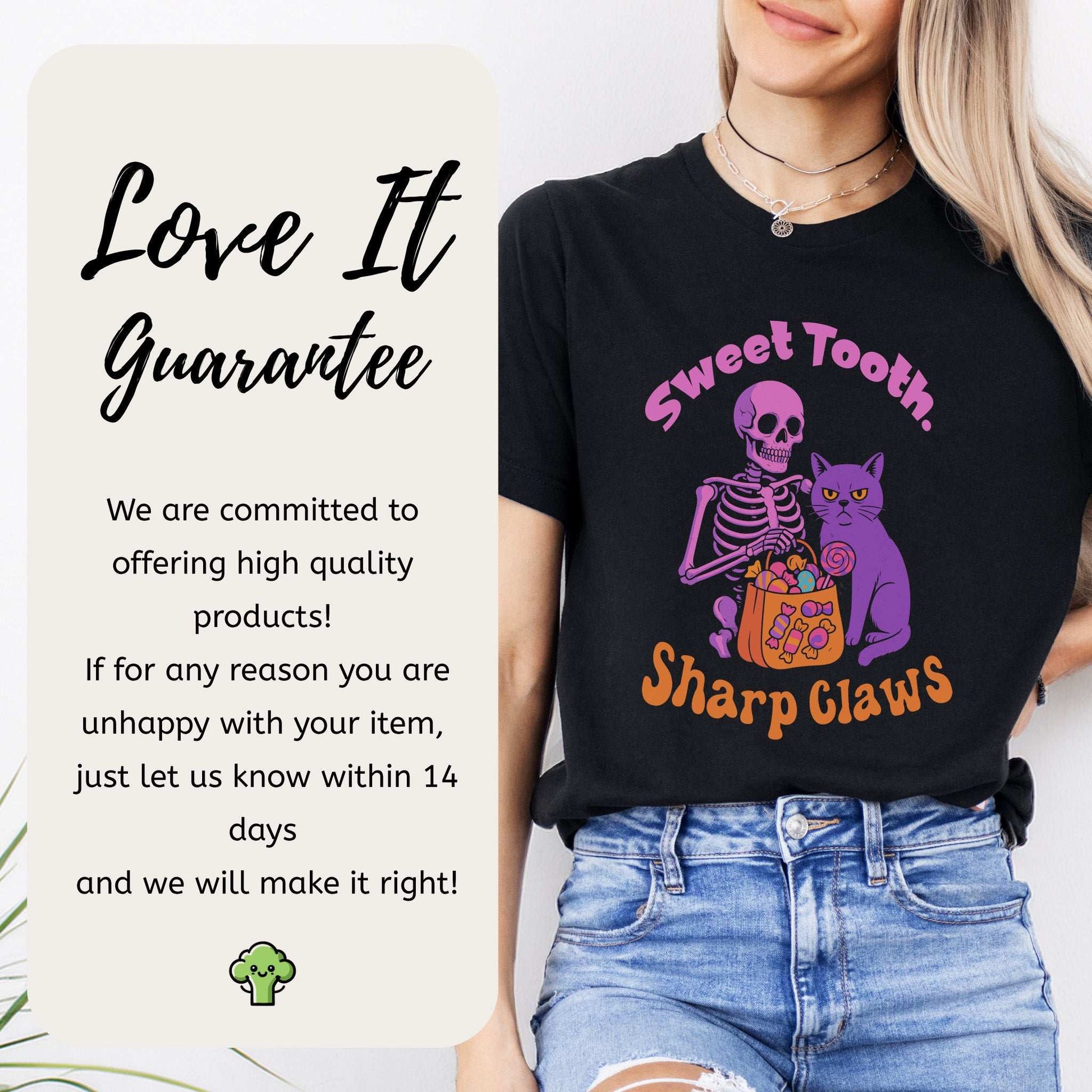 Skeleton and Grumpy Cat Halloween T-shirt with text 'Sweet Tooth, Sharp Claws' on a model, showcasing playful design.
