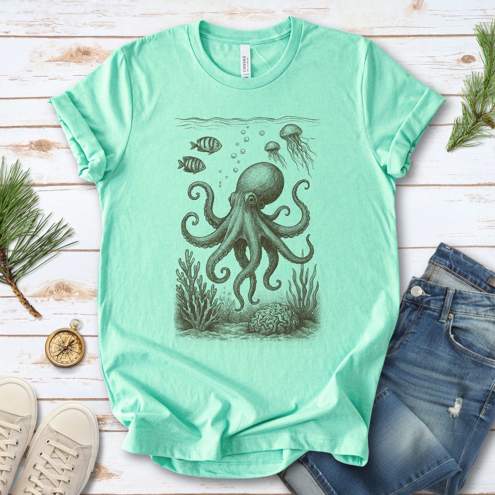 Octopus & Coral Reef Sketch T-Shirt – Artistic Ocean Life Tee