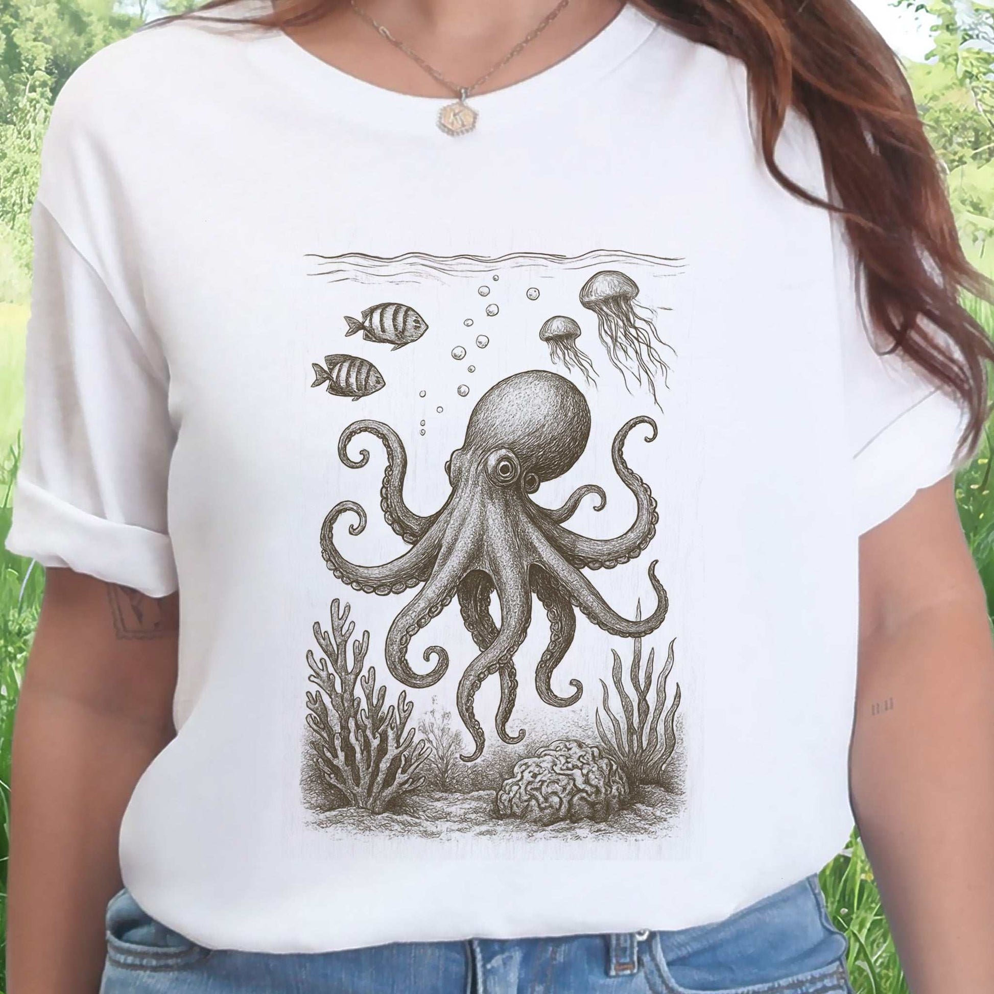 Octopus & Coral Reef Sketch T-Shirt – Artistic Ocean Life Tee