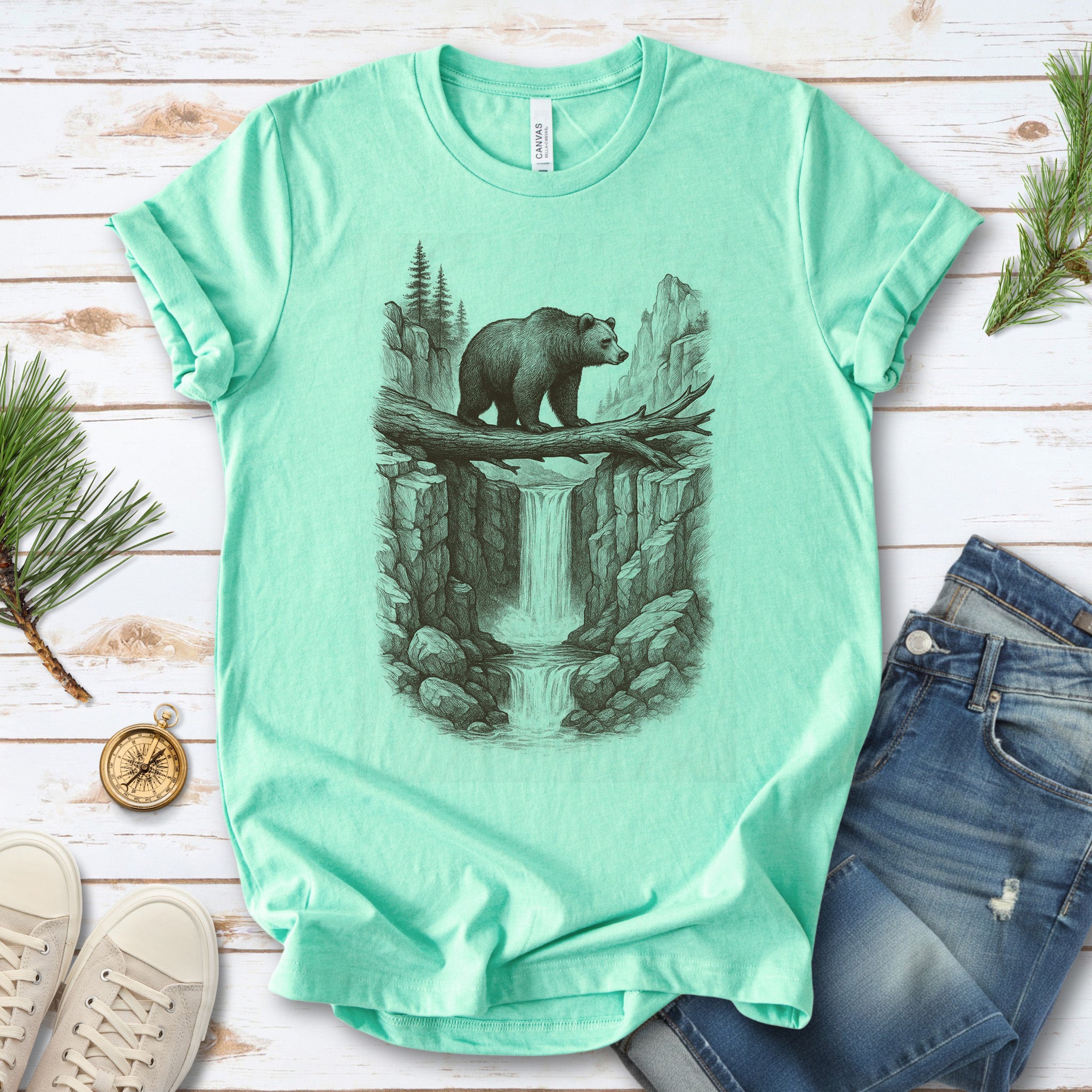 Bear Crossing Waterfall T-Shirt – Vintage Wilderness Sketch Tee