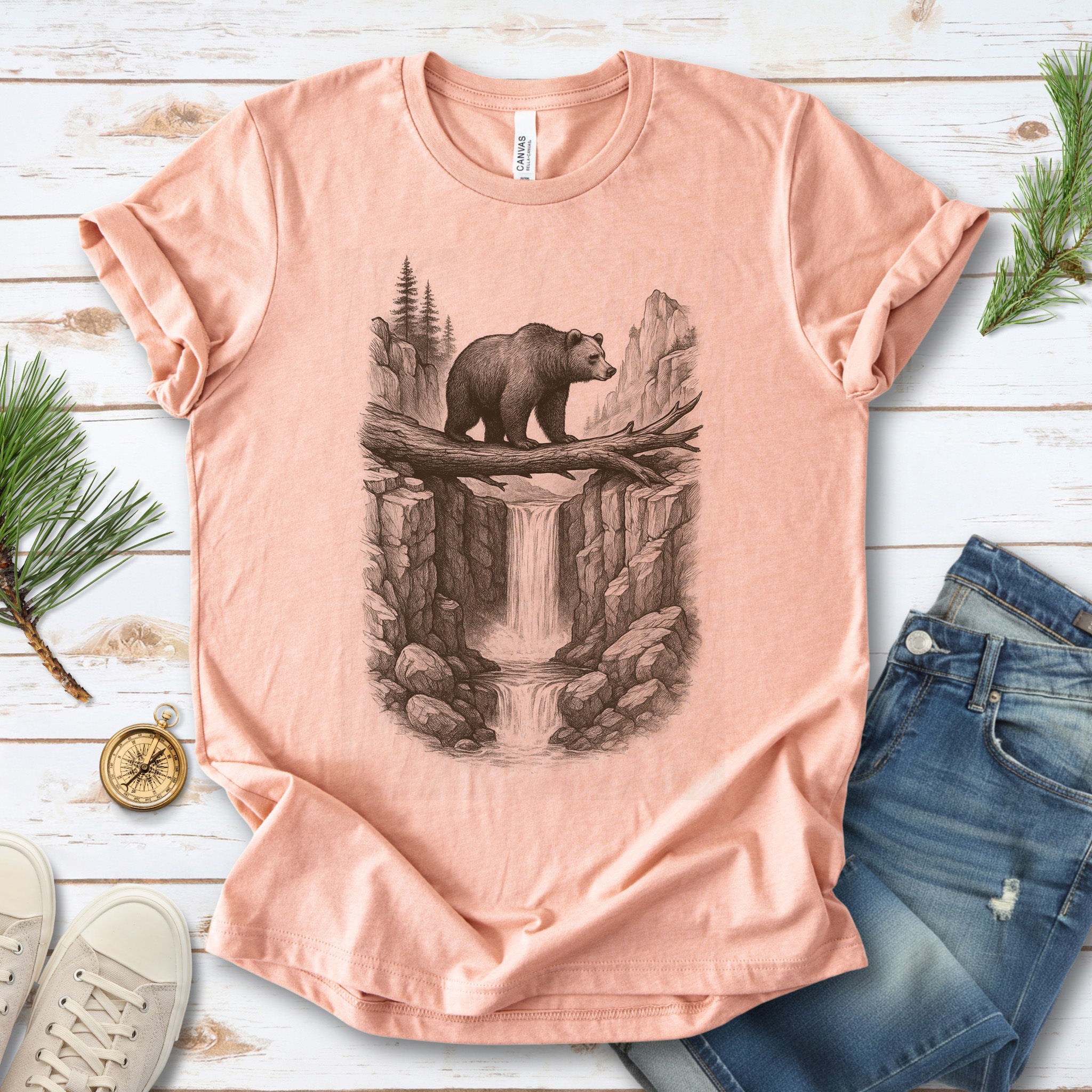Bear Crossing Waterfall T-Shirt – Vintage Wilderness Sketch Tee