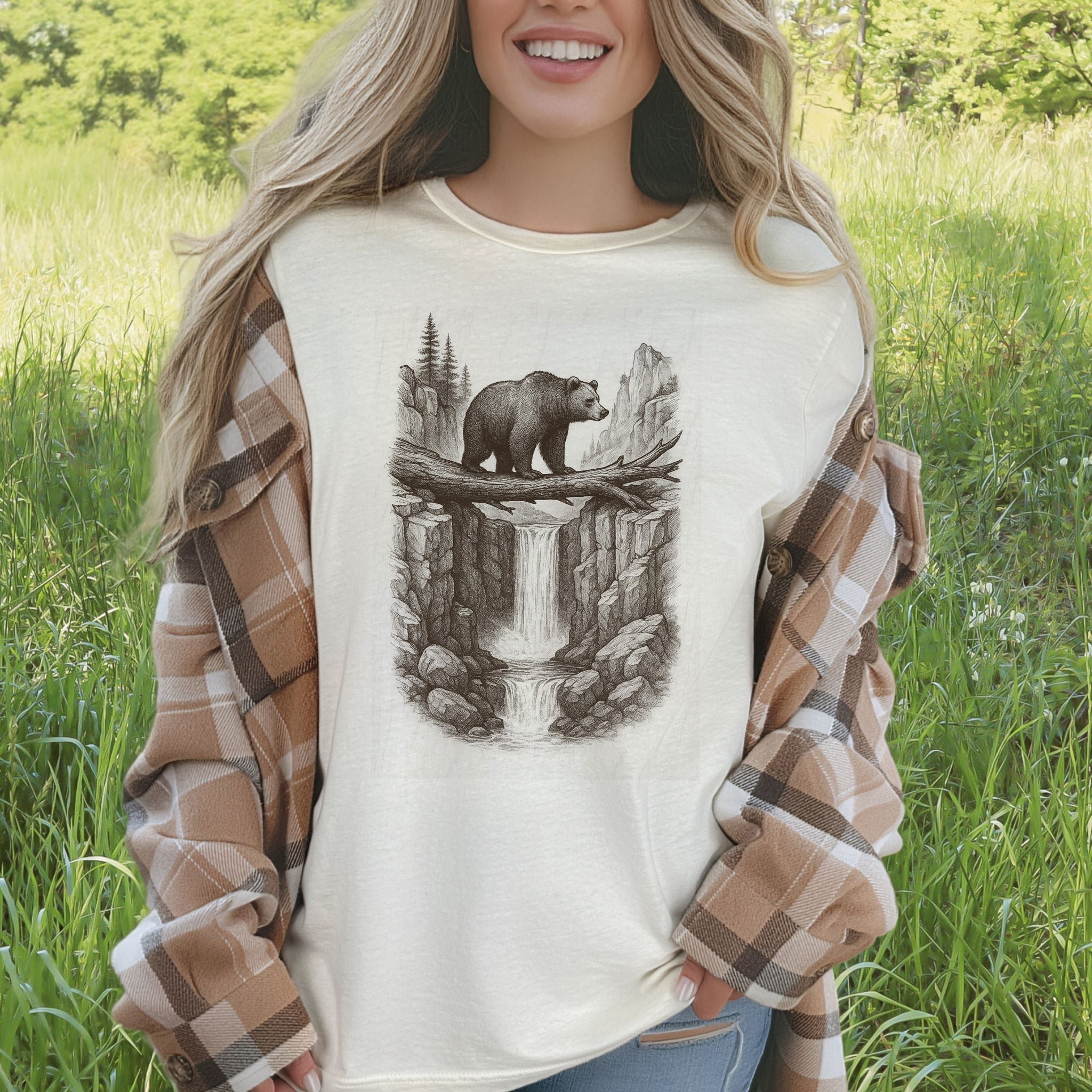 Bear Crossing Waterfall T-Shirt – Vintage Wilderness Sketch Tee