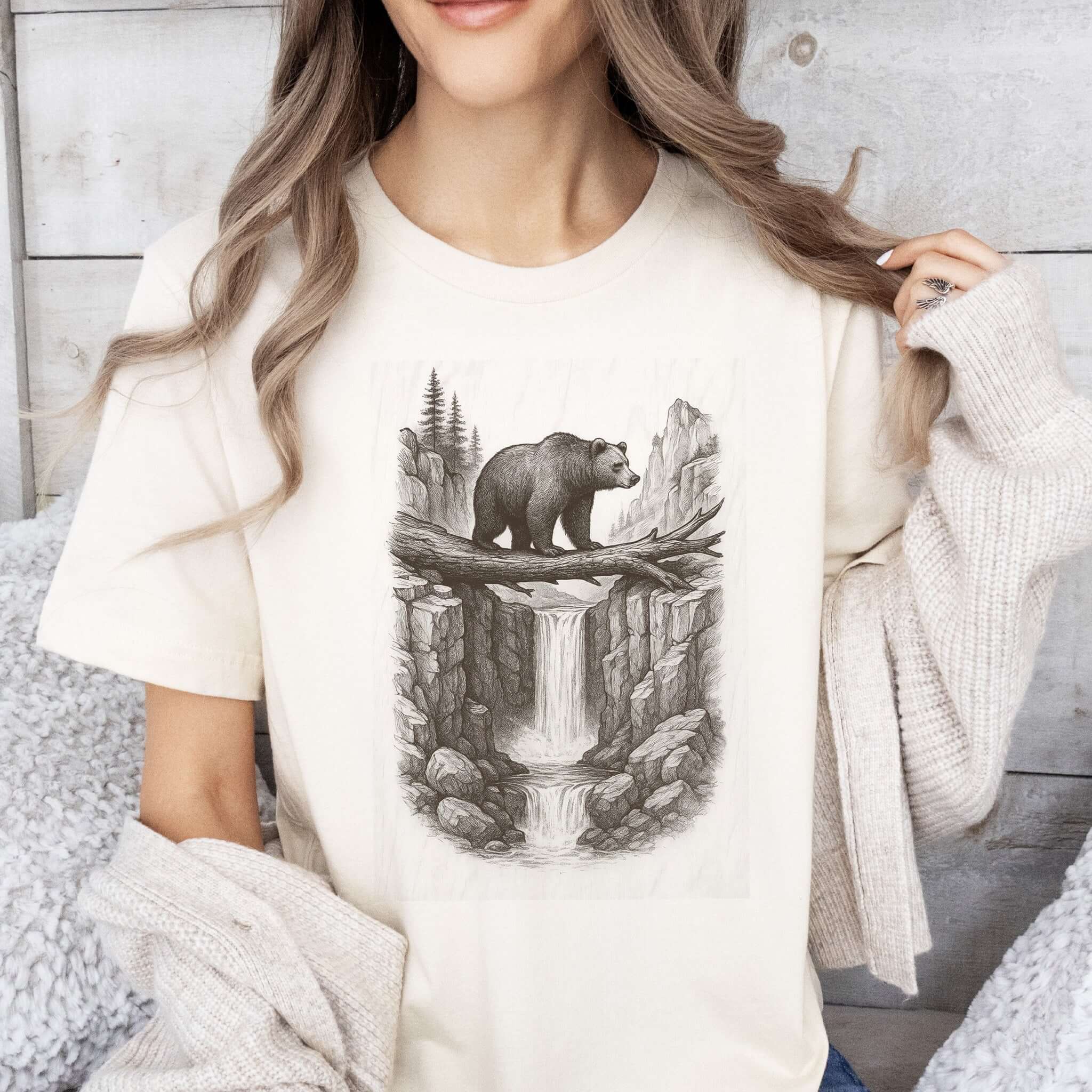 Bear Crossing Waterfall T-Shirt – Vintage Wilderness Sketch Tee